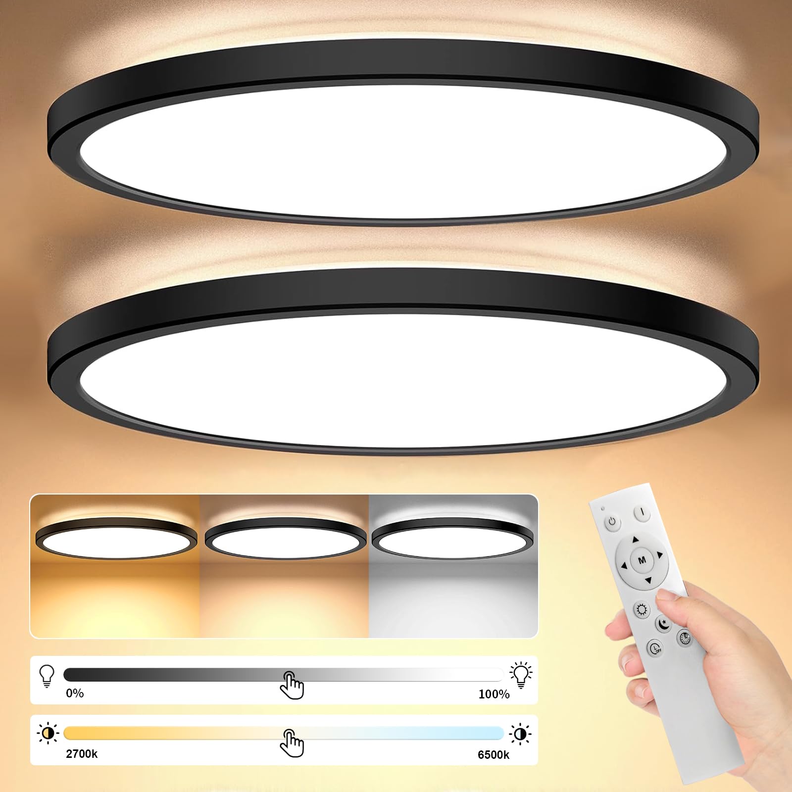 24W 2642LM Plafoniera Led Soffitto, Dimmerabile Plafoniere Led a Soffitto con Telecomando & Retroilluminazione, Lampada da Soffitto Led per Camera da letto Cucina Balcone Ufficio -Nero(2 pezzi)