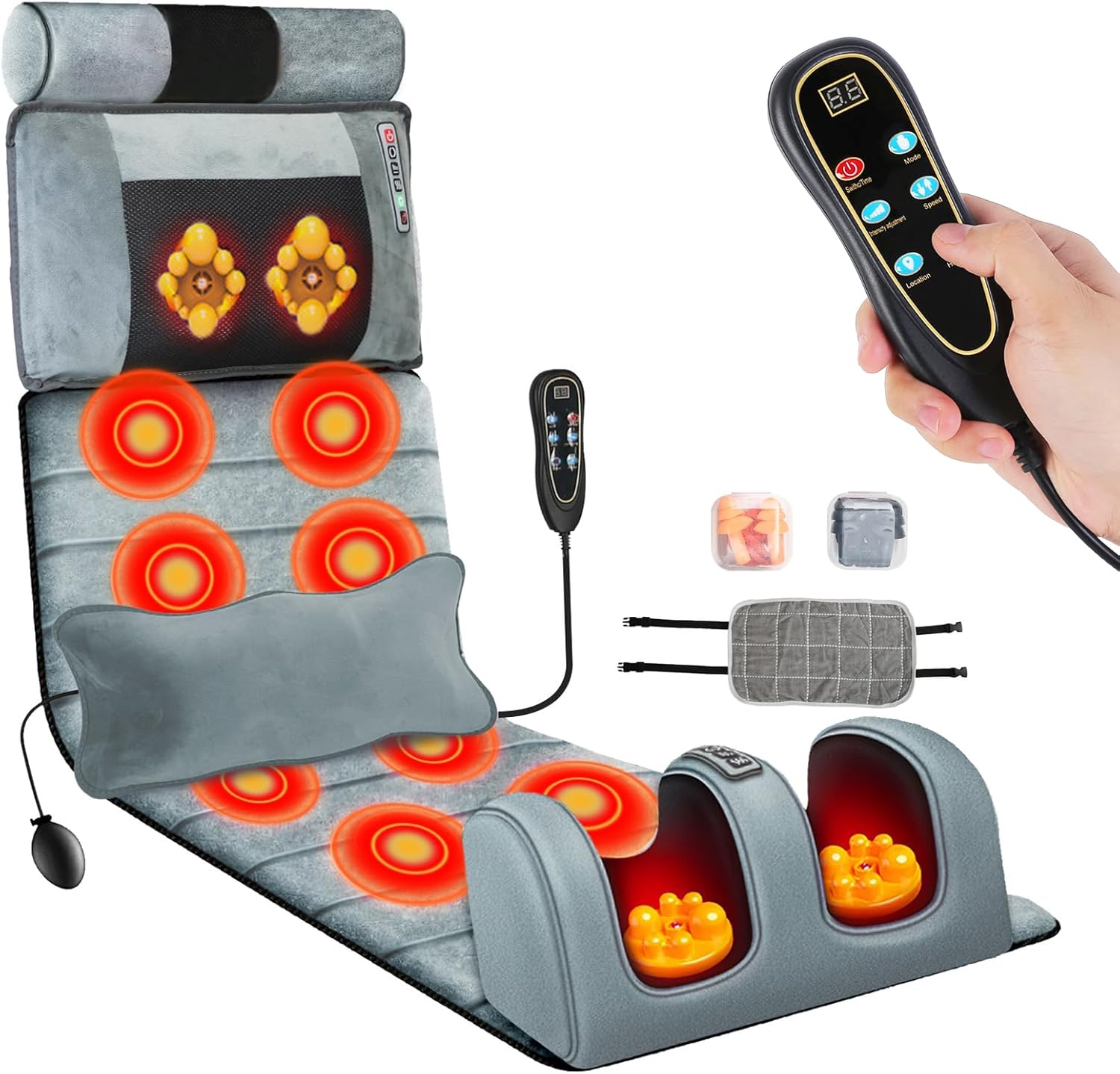 KOCASO Full Body Massage Mat with Heat, Advanced Electric Massage Mat W/ 2 Earplugs Chair Pad Back/Neck/Foot Massager, Detachable Lumbar& Head Pillow -Vibration & Kneading for Relax & Stress Relief