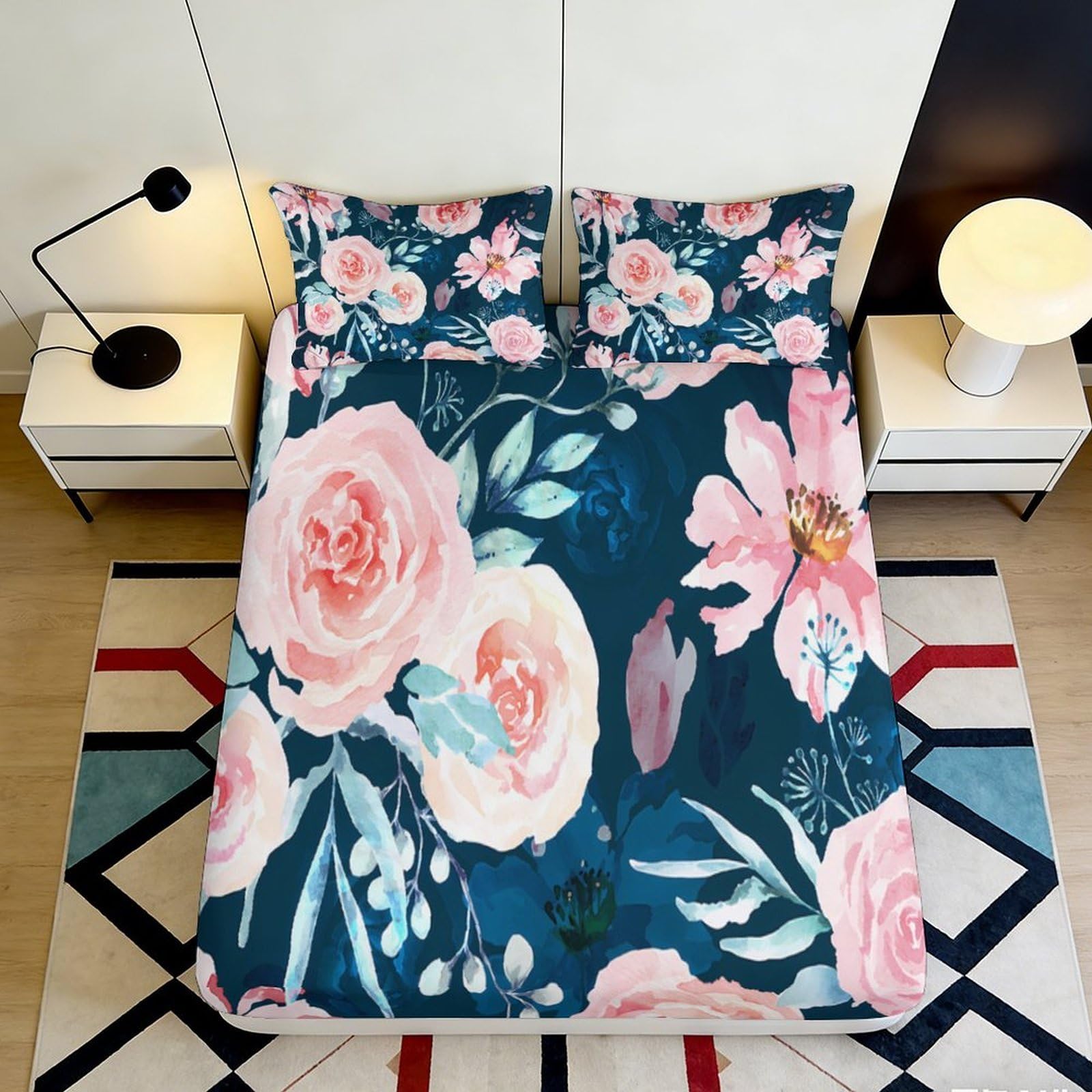 Floral Decor Fitted Sheet, 3D Printed, Microfiber soft touch, Bedroom Bed Sheet, Blue Pink Rose, guest room bedding, wrinkle resistant, easy care, home aesthetic, 114 chars 90x200x25cm