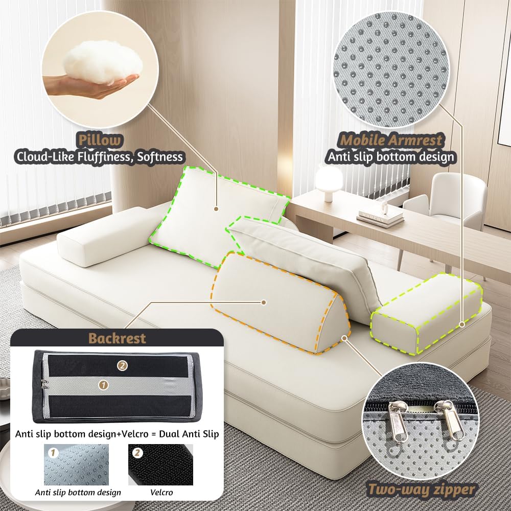 3-in-1 Folding Convertible Sofa Bed, 86.6 Inch Oversized Chenille Boneless Couch, Loveseat Sleeper with Pull Out Bed, DIY Floor Sofa Modular Futon Couchs for Bedroom,Beige