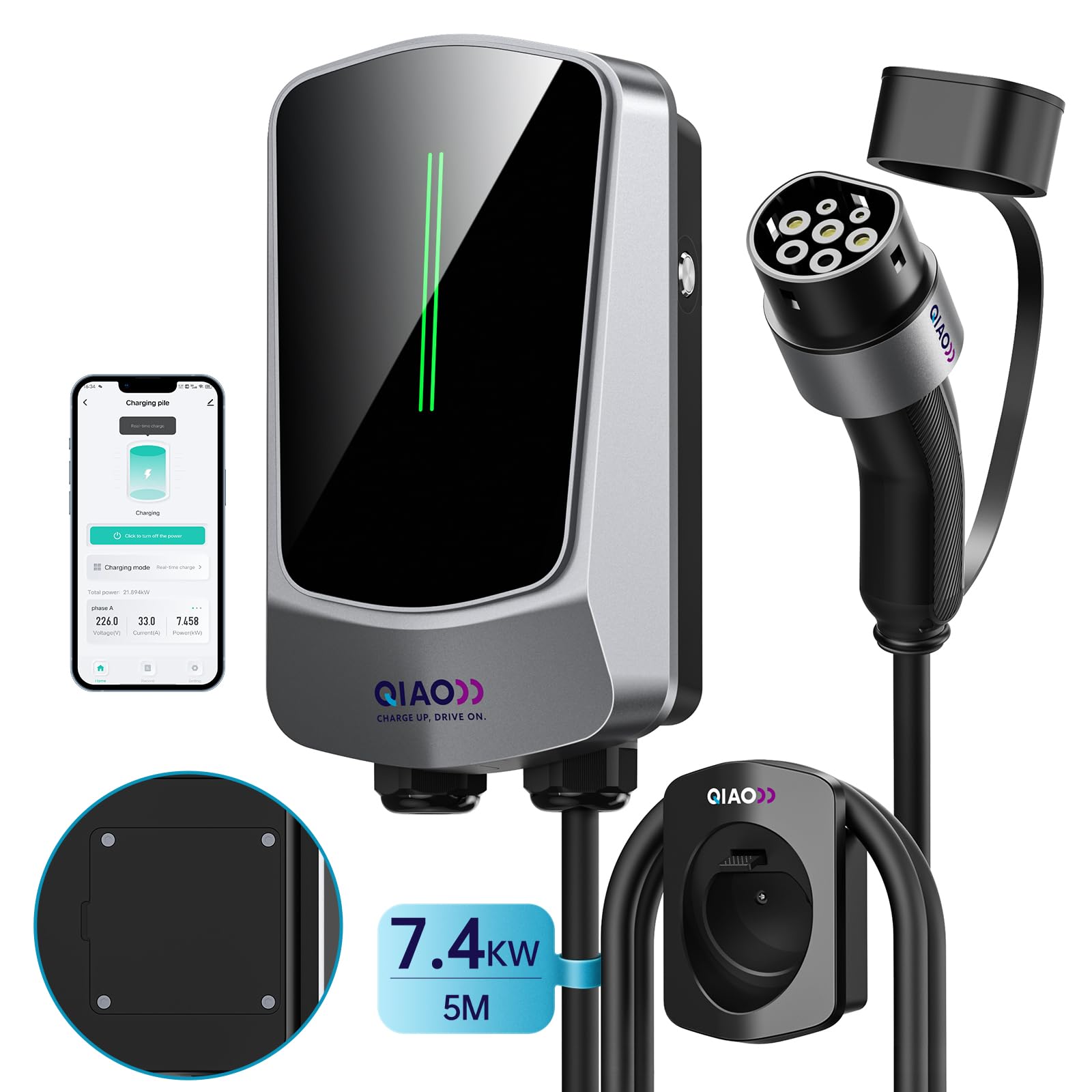 QIAO Wallbox 7.4kW Monophasé Borne de Recharge avec APP & Câble Type 2 5m