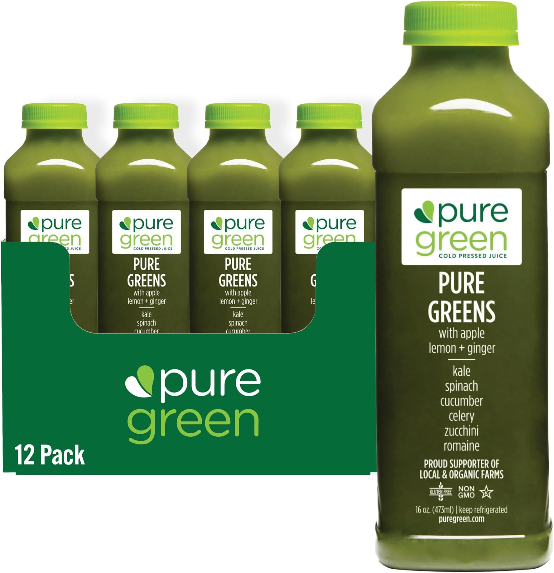 Cold Pressed Juice - Pure Greens ALG - Fresh Functional Blend with Apple, Lemon, Ginger, Kale - Natural, Gluten Free, Non-GMO, No Artificial Colors or Flavors - Made from Real Fruits & Veggies - 16oz (12 Pack)