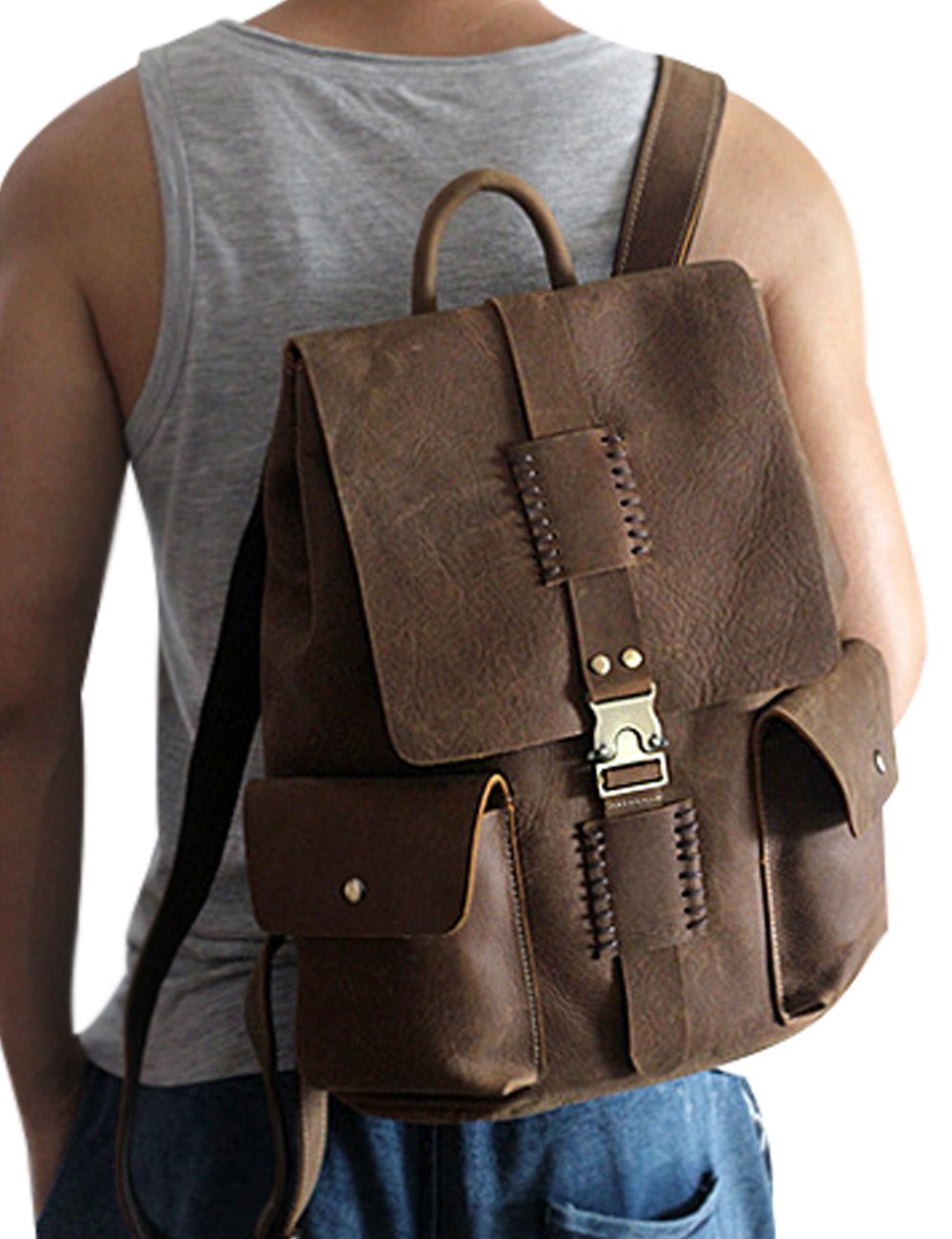 Youlee Hombres Cuero Intemperie Ocio Viajar Mochila Estilo 3 Marrón