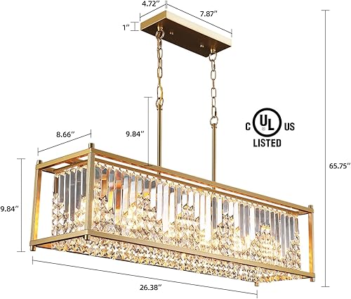 Miniatura 2 de Q&S Moderno candelabro rectangular de cristal, candelabros rectangulares dorados para comedor, 6 luces de lujo para cocina, isla, bar, sala de