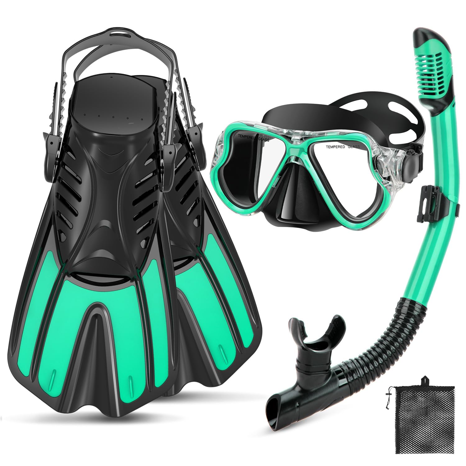 PIYAZI Snorkeling Gear for Adults, 4 in 1 Adult Snorkel Set with Panoramic View Snorkel Mask, Dry Top Snorkel, Adjustable Short Fins and Travel Bag,