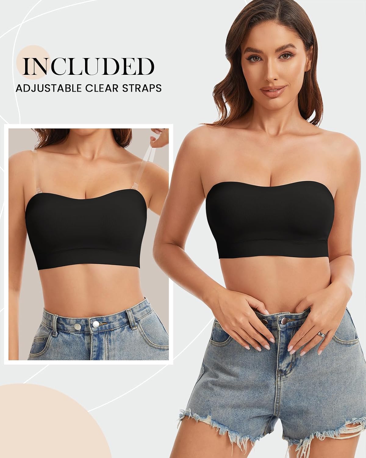 WOWENY Strapless Bras for Women Wireless Padded Bandeau Bra Non-Slip Seamless Tube Top Bra No Underwire Supportive Bralette