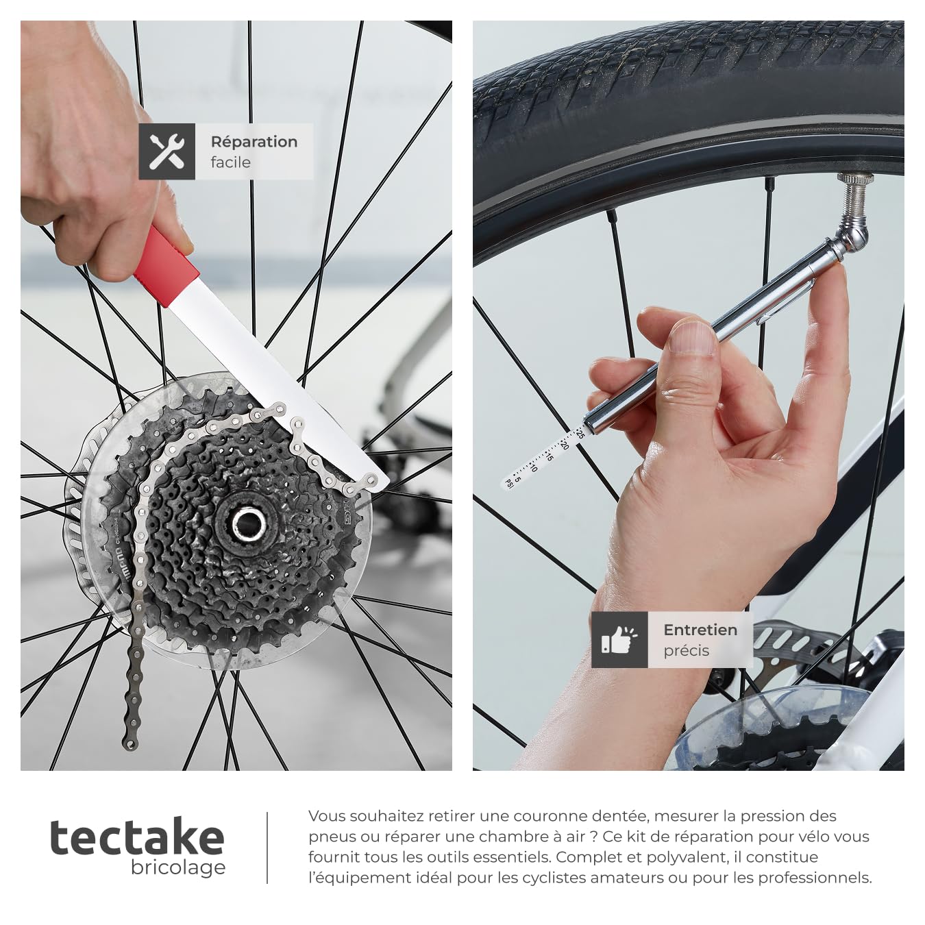 tectake® Kit reparation velo Boite à outils, 50 pcs, Coffret outils complet Accessoires Velo Vtt Vélo de course, Kit réparation pneu Derive chaine Outil pedalier Demonte pneu Accessoires vélo