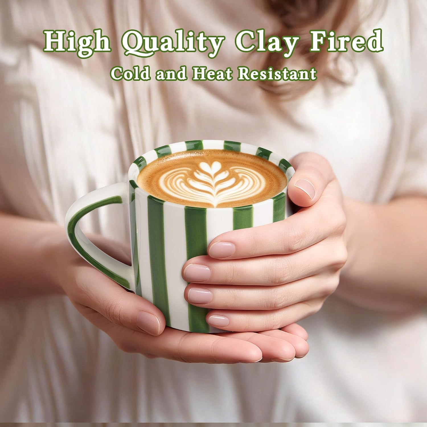 9oz Hand-Painted Green Striped Espresso Ceramic Coffee Mug Saucer
