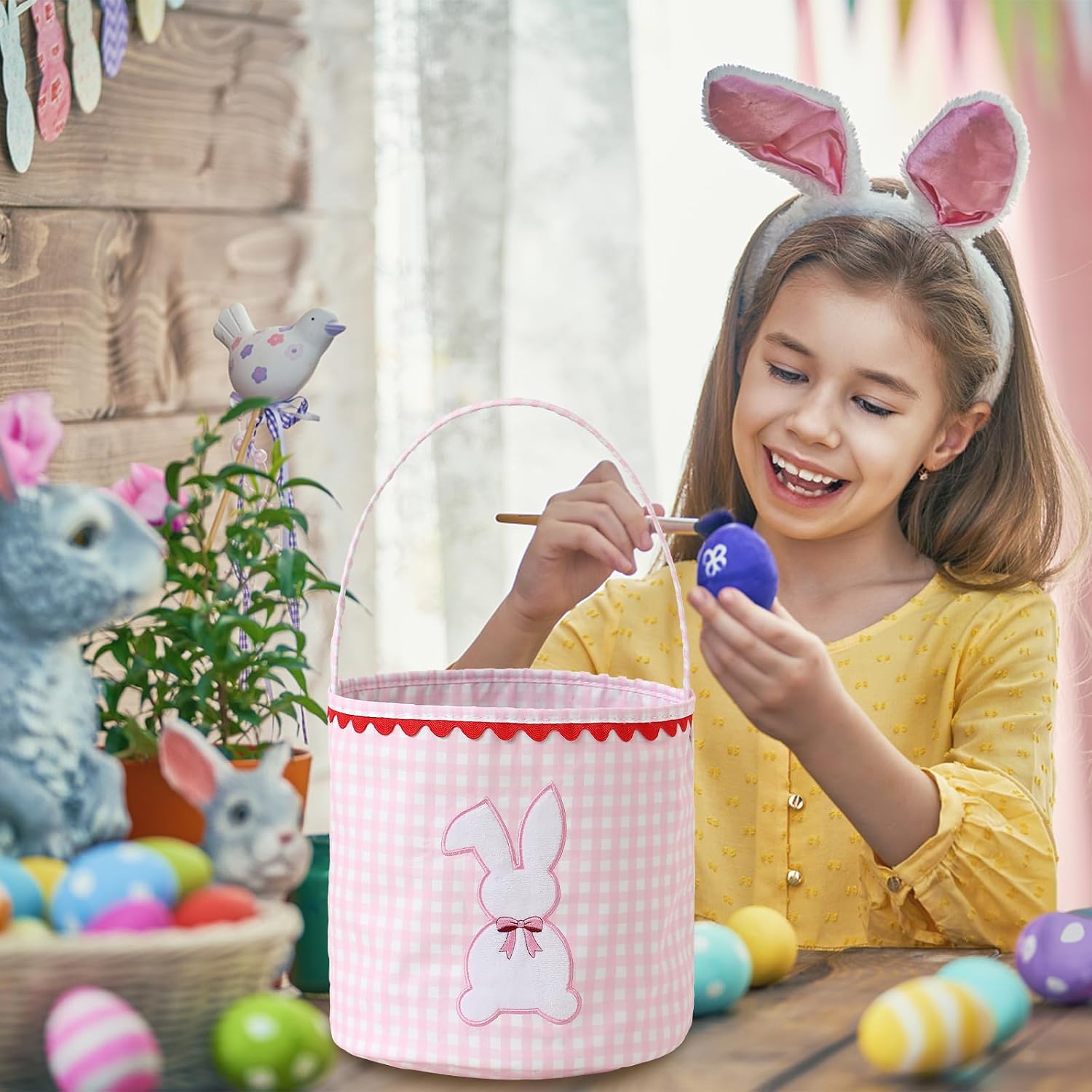 DYSHAYEN Bunny Easter Basket, Gingham Empty Easter Bucket with Handle for Easter Egg Hunts Party Favor Decorations (Pink)