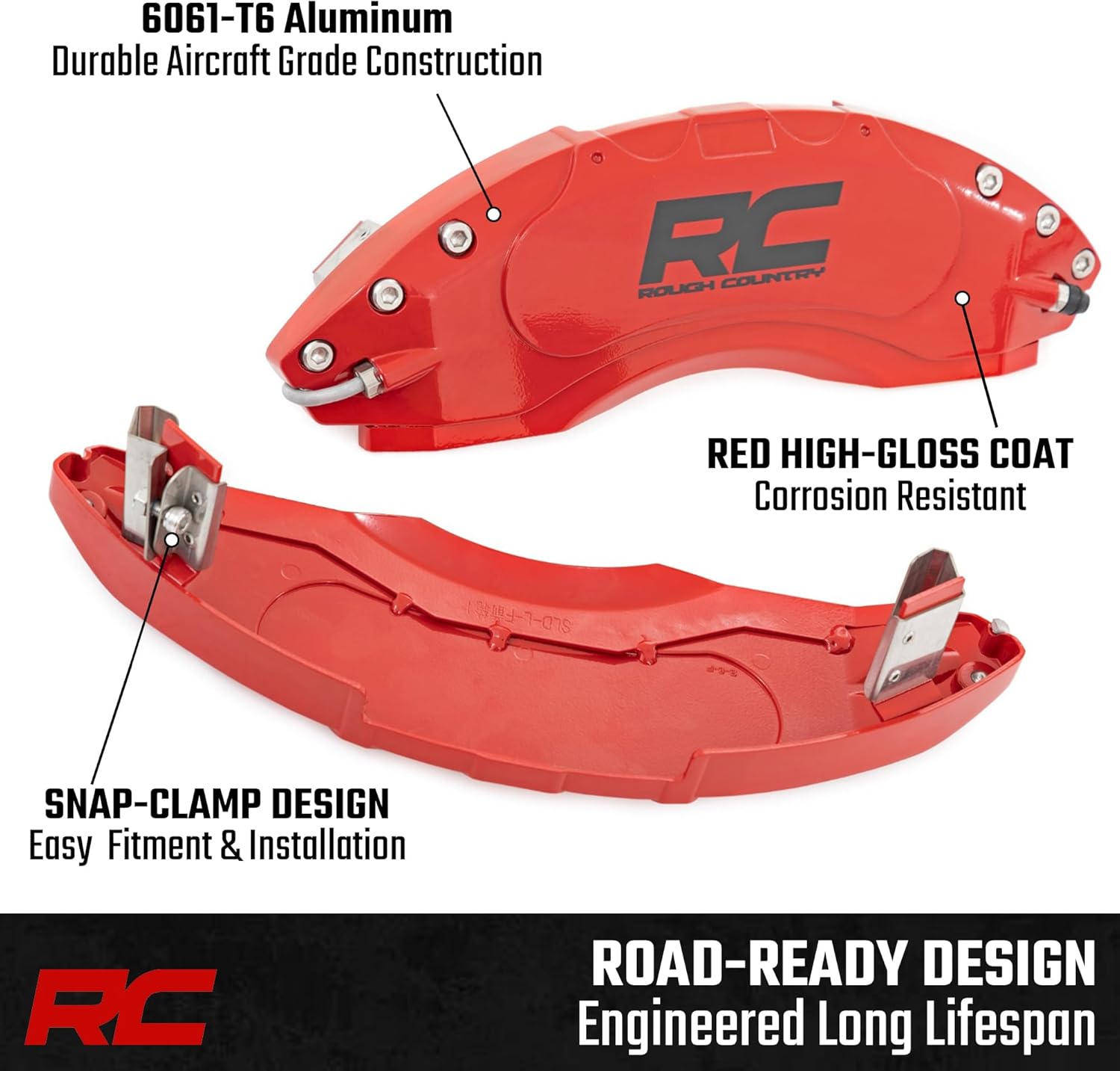 Rough Country Brake Caliper Covers for Toyota 4Runner (2003-2024) 2WD/4WD - Red Corrosion Resistant Finish, 6061-T6 Aluminum, Front & Rear Brake Caliper Cover (Set of 4)