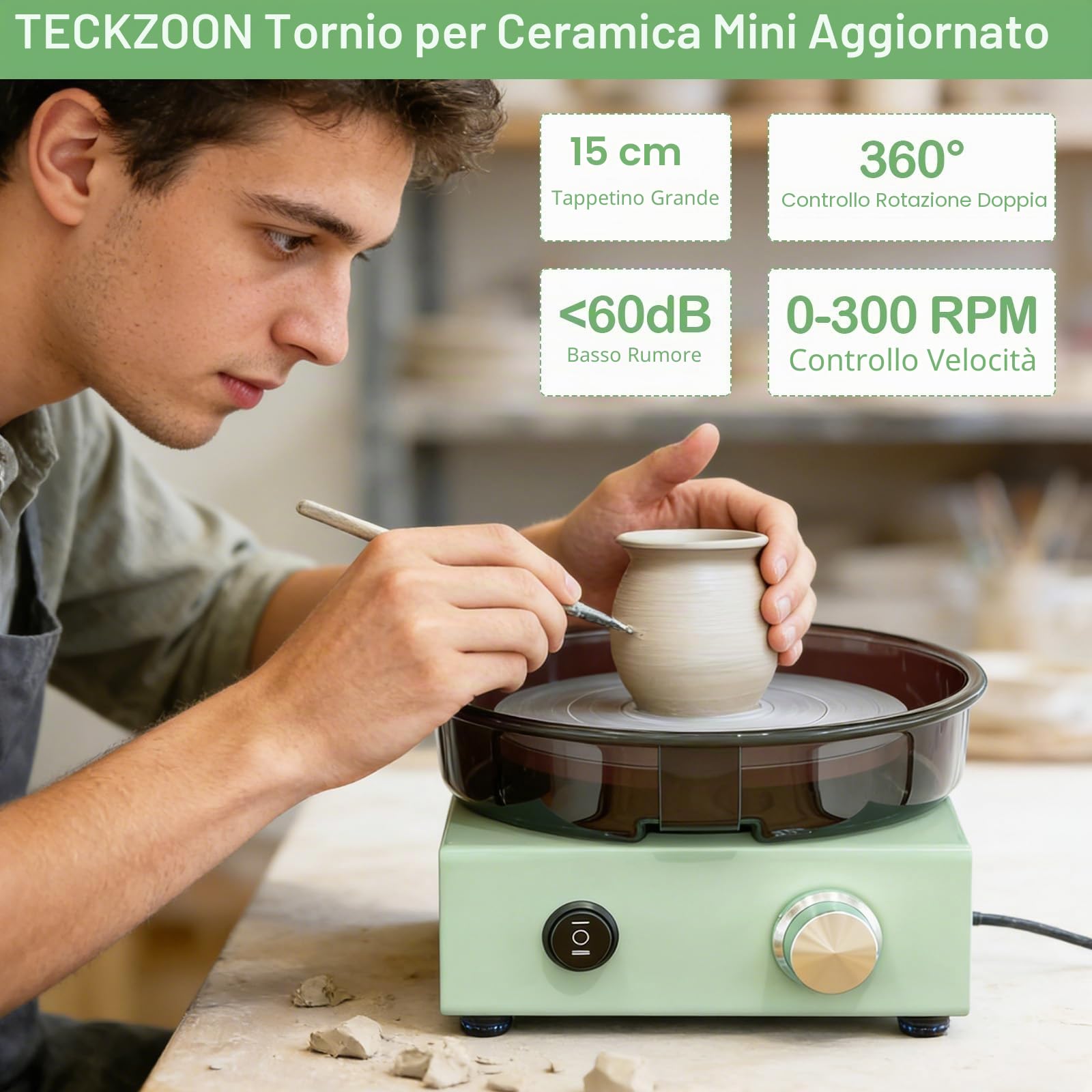 Mini Tornio da Ceramica con Piatto Rotante Bifacciale da 15 cm, Struttura Metallica, Paraspruzzi Rimovibile e Kit di Strumenti, Macchina per Modellare Argilla per Principianti, Bambini e Adulti