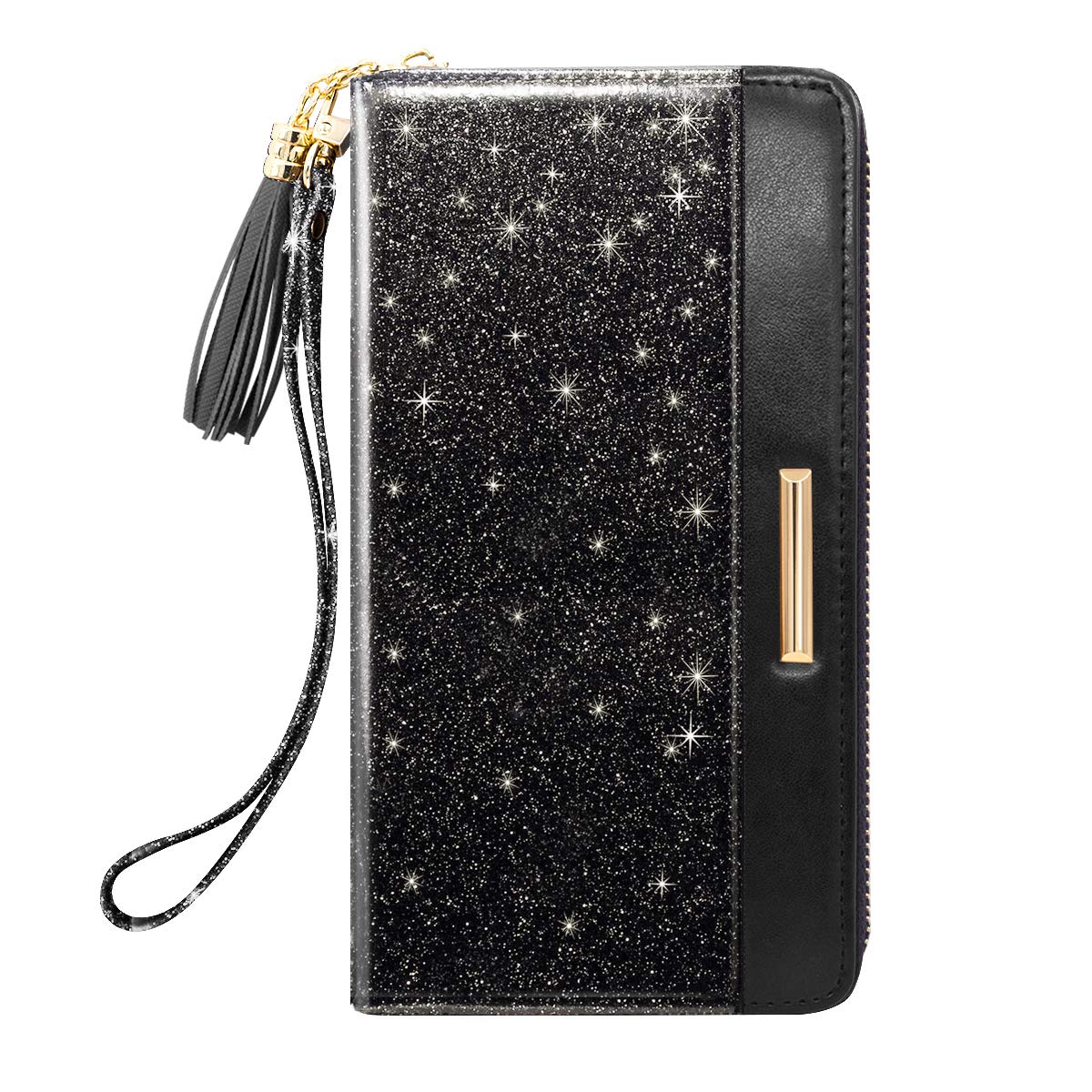 Coco Rossi Women Wallets Multi Card Case Wallet Clutch Wallet Card Holder Organizer Ladies Purse Glitter Tassel Wrist strap Purse,Black Glitter