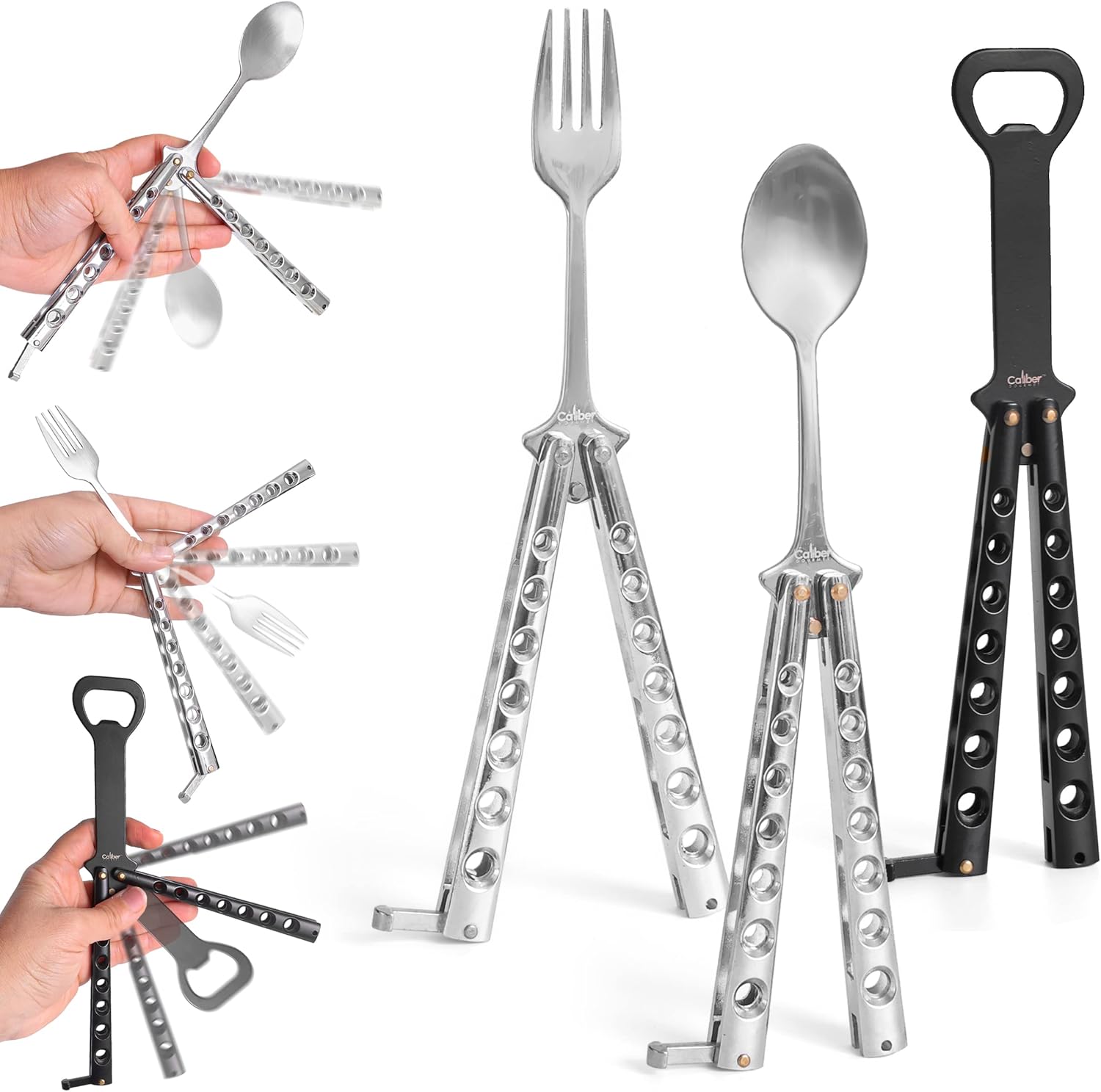 Caliber Gourmet Tactical Butterfly Knife Spoon, Folding Stainless Steel