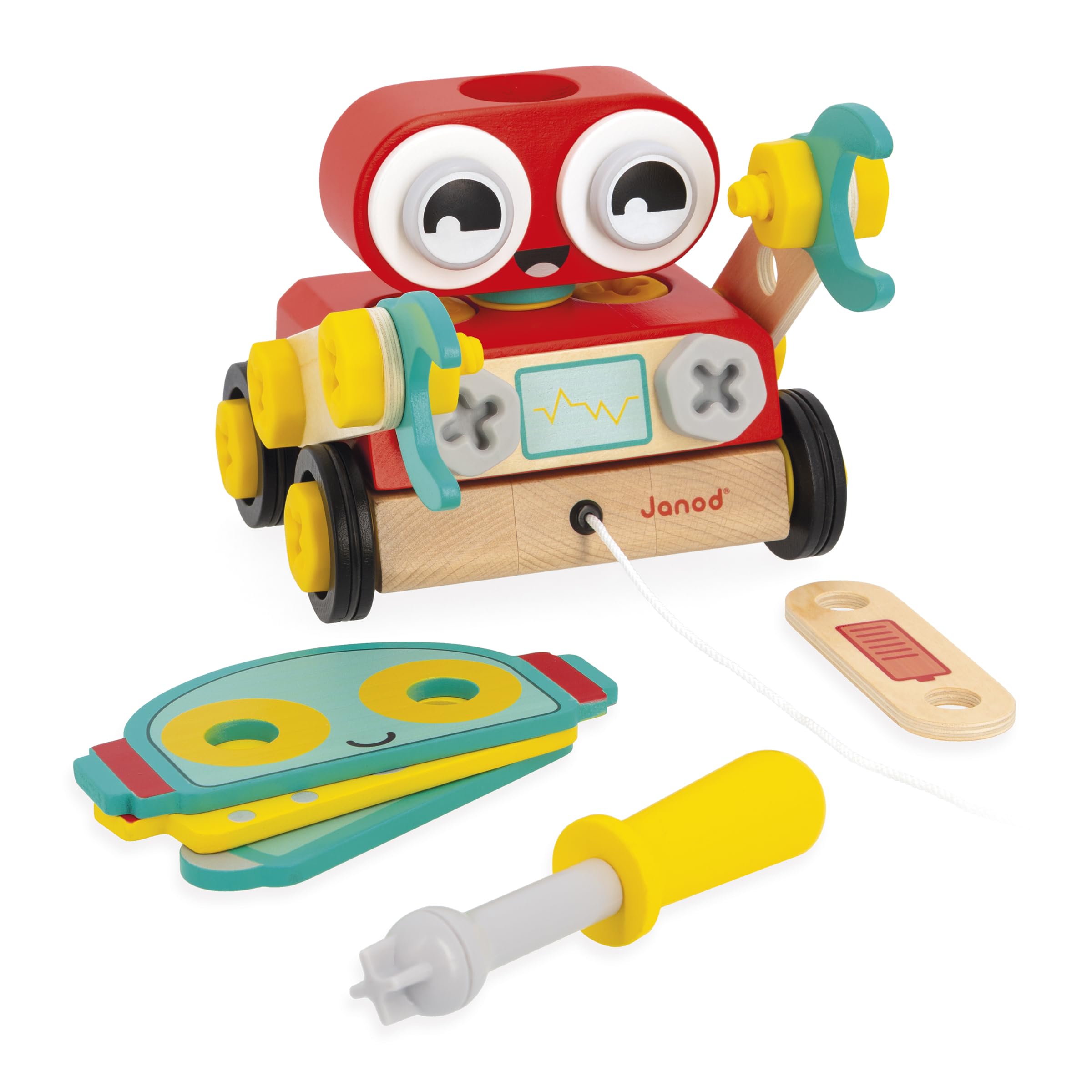 Janod - Mon Premier Jeu de Construction - Robot en Bois à Construire - 42 Pièces + 4 Cartes Modèles - Stimule Imagination et Motricité - Dès 2 Ans