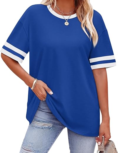 WIHOLL Womens T Shirts Loose Fit Short Sleeve Tees Crew Neck Color Block Summer Tops 2026 Fashion