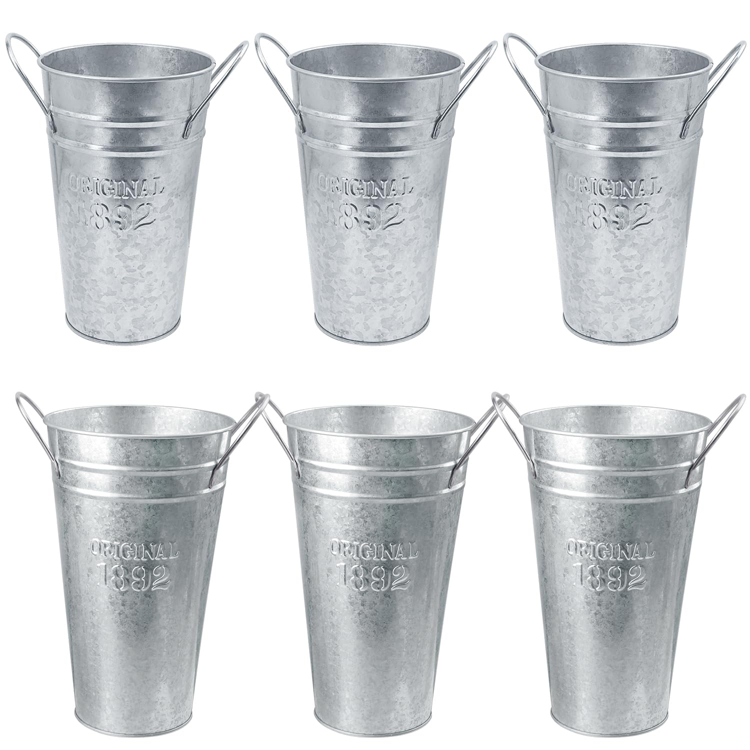 Photo 1 of Biugaaufai 6 Packs 8 & 10 Inch Tall Galvanized Metal Flower Vases with Handles, Metal Flower Buckets for Cut Flowers, Country Wedding, Table Centerpiece Decorations(Sliver)