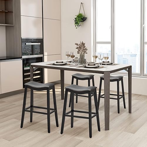 Miniatura 22 de COSTWAY Juego de 4 taburetes de bar de altura de mostrador, taburete de silla sin respaldo de 29 pulgadas de altura con patas de madera de goma,