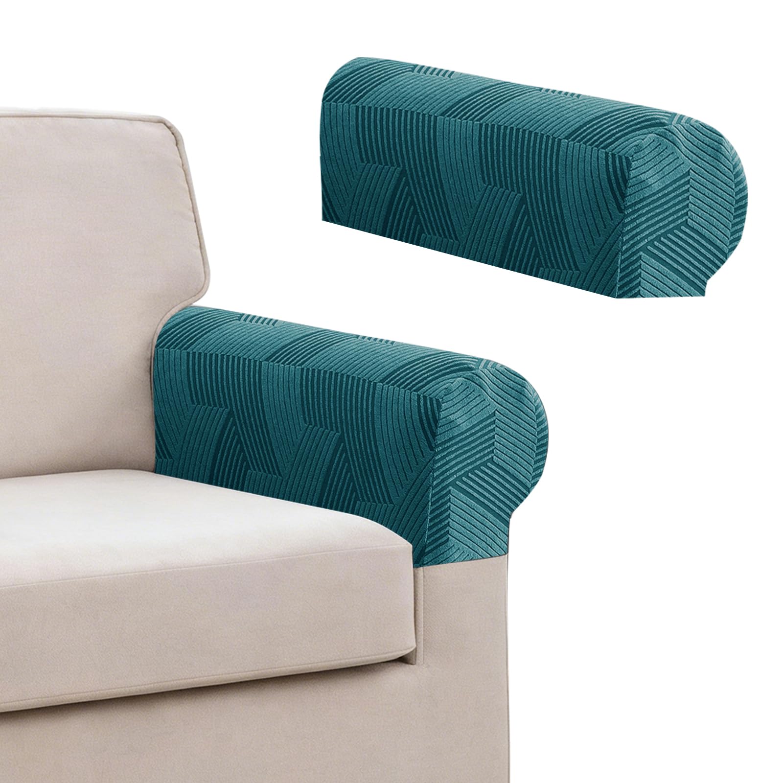 XINEAGE 2 Pcs Armchair Covers, Stretch Arm Rest Covers Non Slip,Washable Armrest Cover Protector for Sofa, Couch Feature Geometrical Jacquard Fabric,Peacock Blue