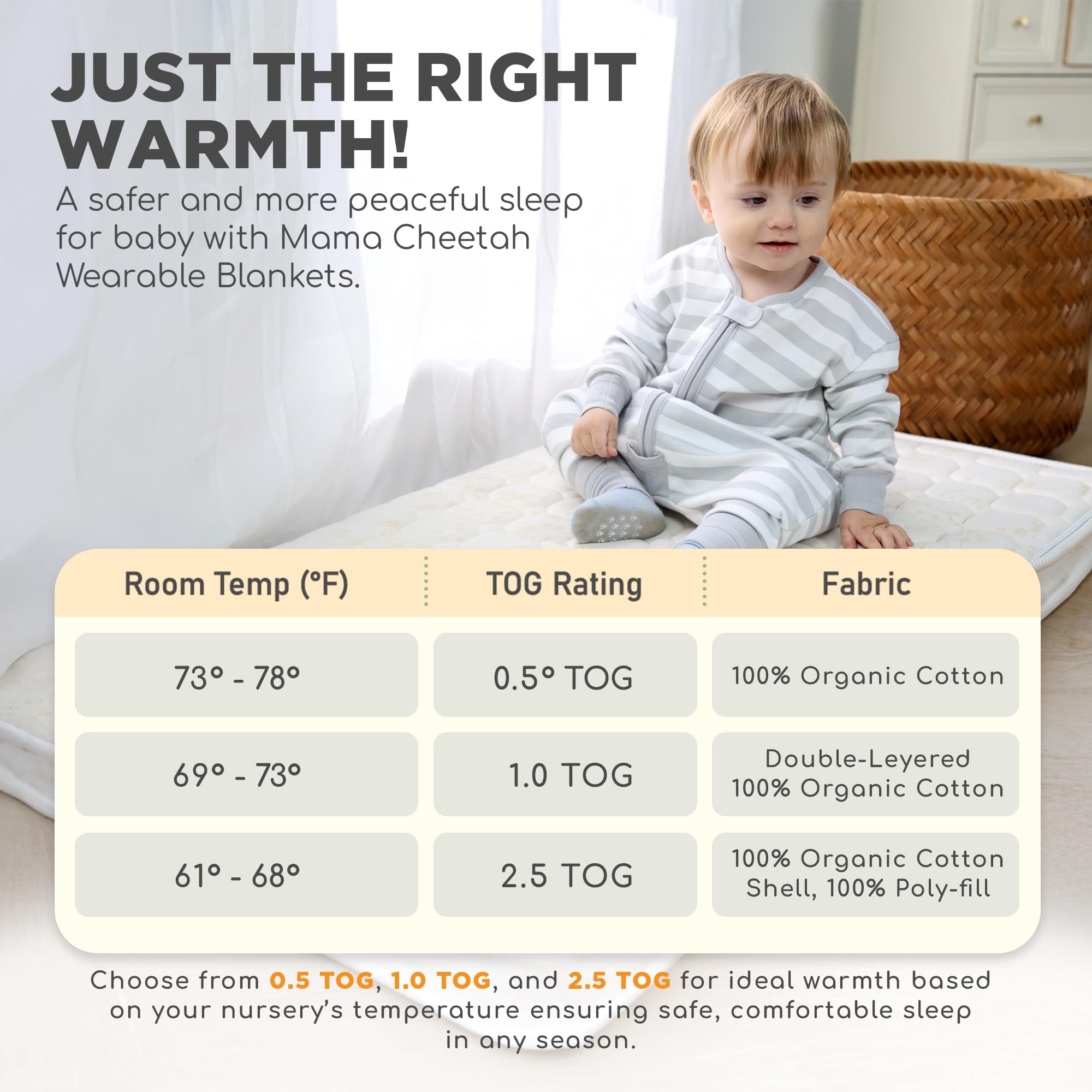 Mama Cheetah Sacco nanna per bambini con piedi, maniche lunghe, 1,0 Tog, 100% cotone biologico, sacco nanna con gambe, coperta indossabile per escursionisti, con cerniera a 2 vie, coperta per bambini
