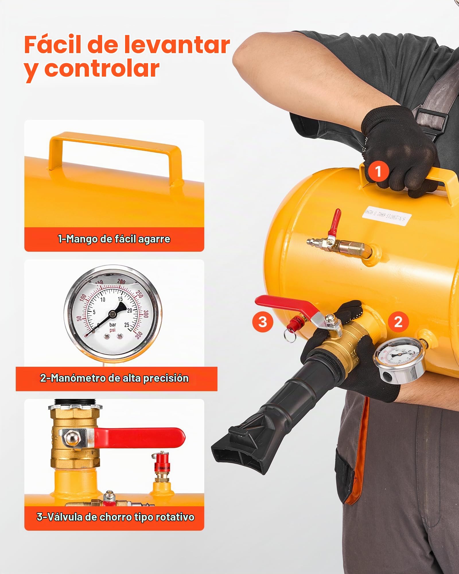 VEVOR Destalonador de Neumáticos de 18,9 L, Presión de Trabajo de 0,6-0,8 MPa, Bomba de Aire para Camionetas, Todoterrenos, Jeeps, Furgonetas y Tractores Cortacésped, Amarillo, 400 x 535 x 295 mm