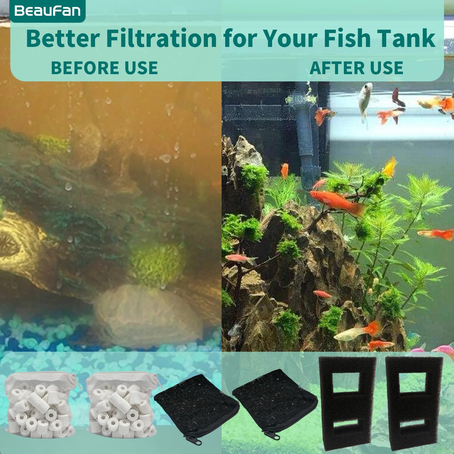 2 Set Aquarium Filter Media Compatible with Fluval SPEC, EVO, Betta and Flex Desktop Aquarium Series, Includes 2 Carbon Filter Refills, 2 Foam Filter A1376, 2 Ceramic Rings & 1 Filter Cord