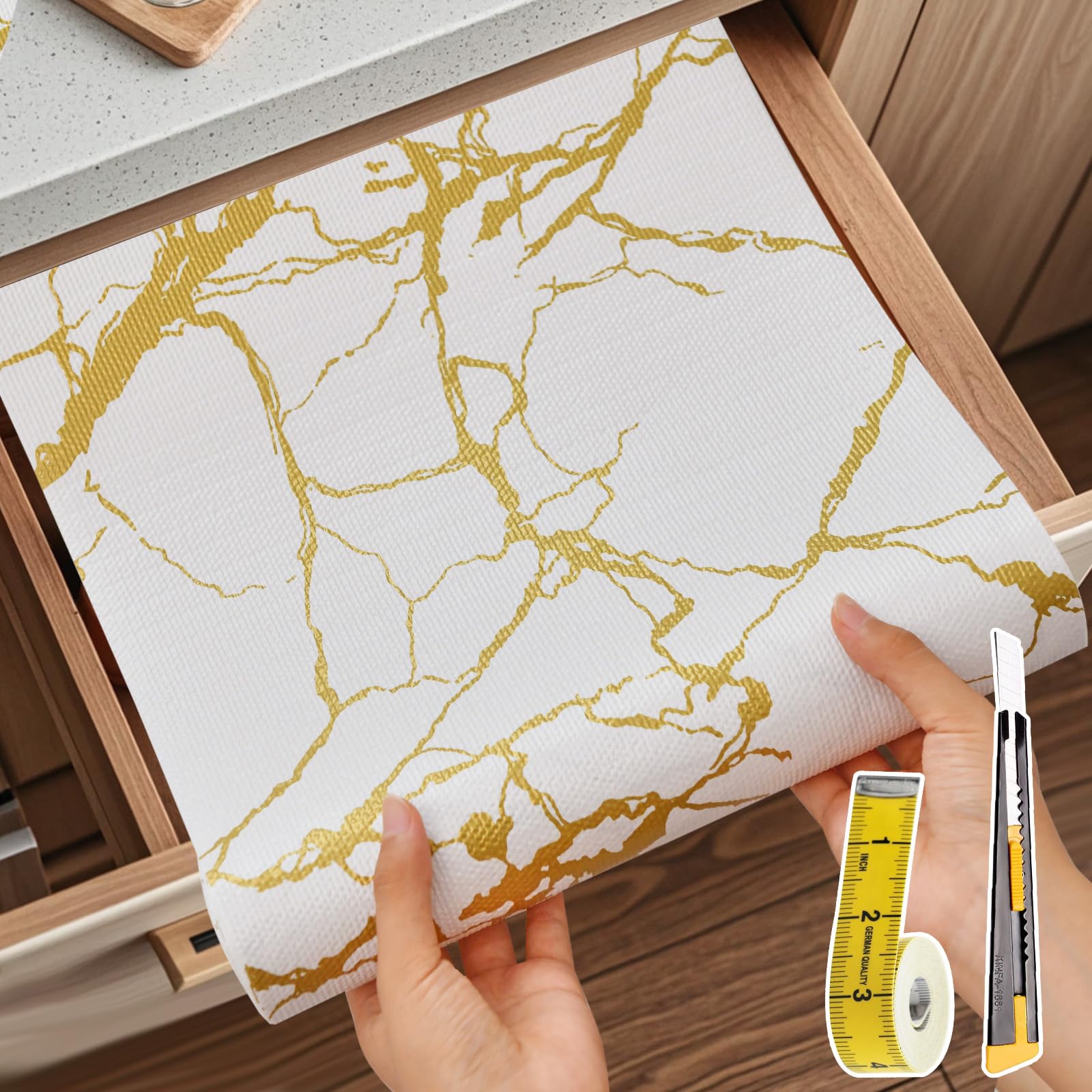 Forro para cajones y estantes para armario de cocina, antideslizante, impermeable, papel de 23.6 pulgadas x 30 pies, no adhesivo, forro de mármol blanco dorado fácil para armario de baño