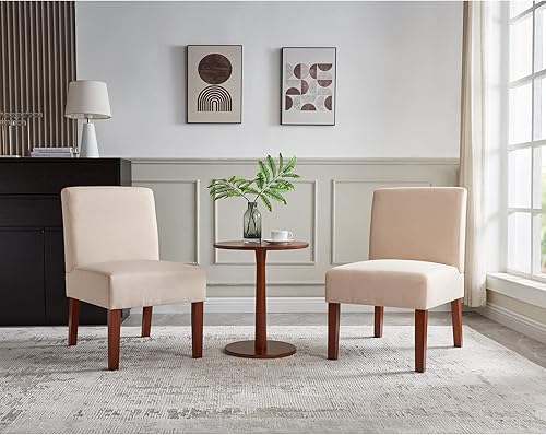 Taiweny Juego de 2 sillas decorativas y mesa auxiliar juego de 2 sillas de lino sin brazos y mesa auxiliar redonda de madera para sala de estar