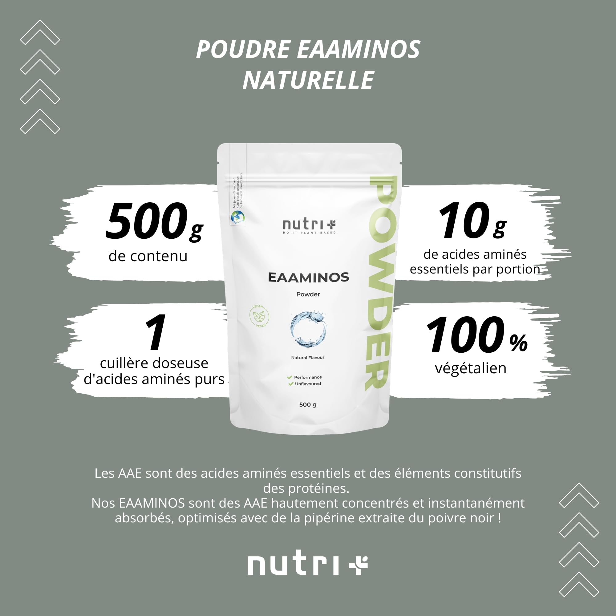 Nutri + Eaa 9 acides aminés poudre - Poudre d'EAA Neutral 500g - Haute dose - AAE instantanés goût neutre sans édulcorants, additifs & goût artificiel - Vegan Essential Aminos