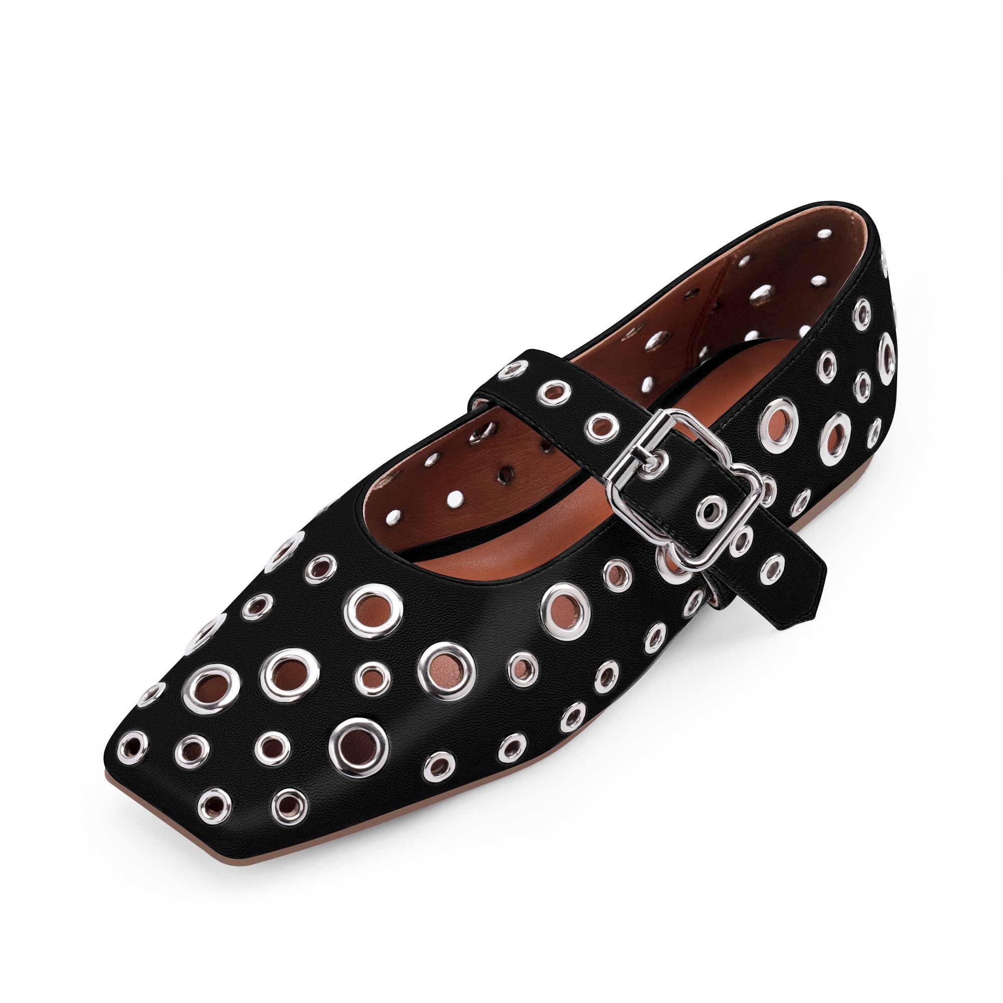 Odetina Women's Ballet Flats Studded Metal Eyelet Buckle Perforated Mary Jane Shoes