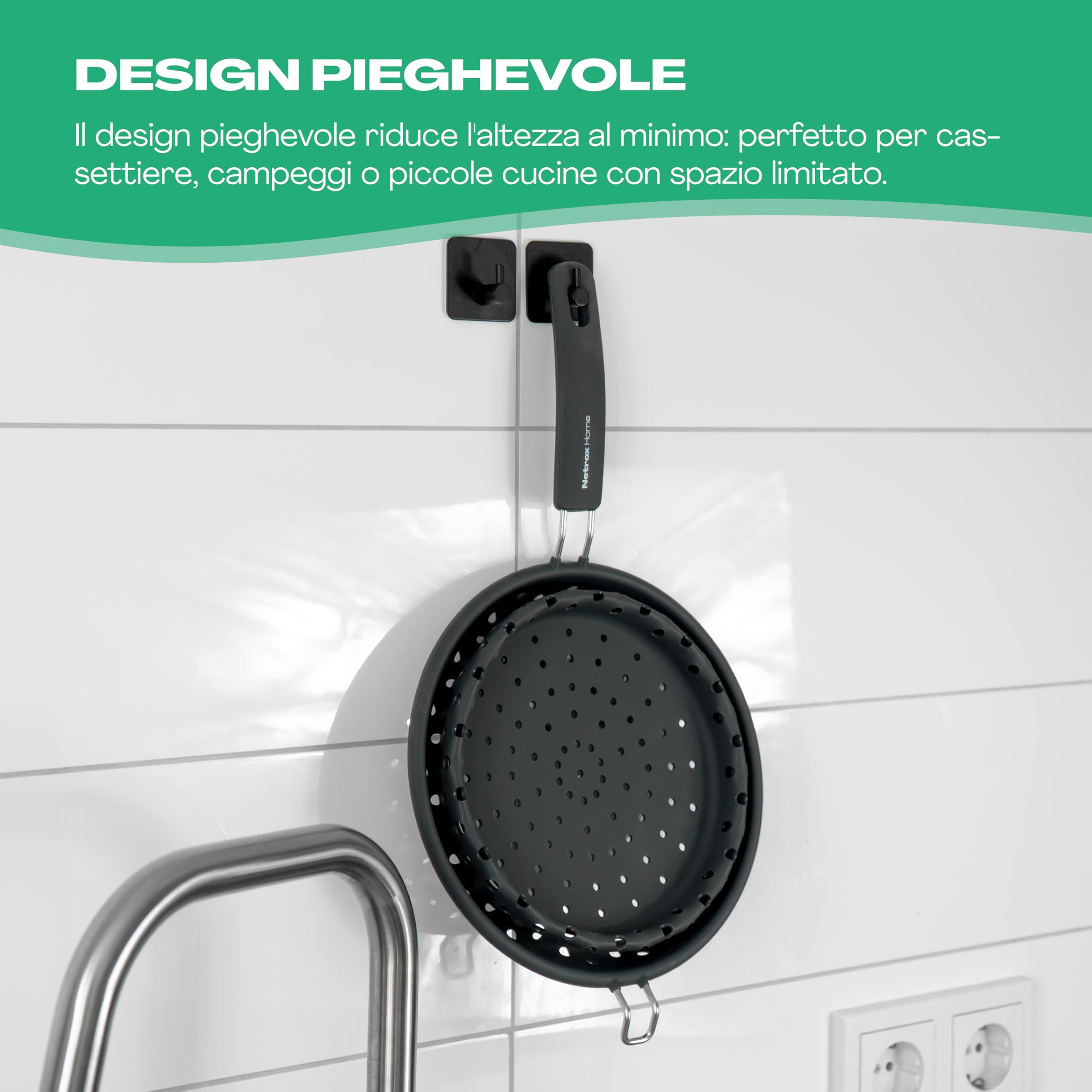 Netrox – Colino da cucina pieghevole in silicone Adatto per alimenti, lavabile in lavastoviglie e senza BPA Scolapasta per pasta con manico per pentola