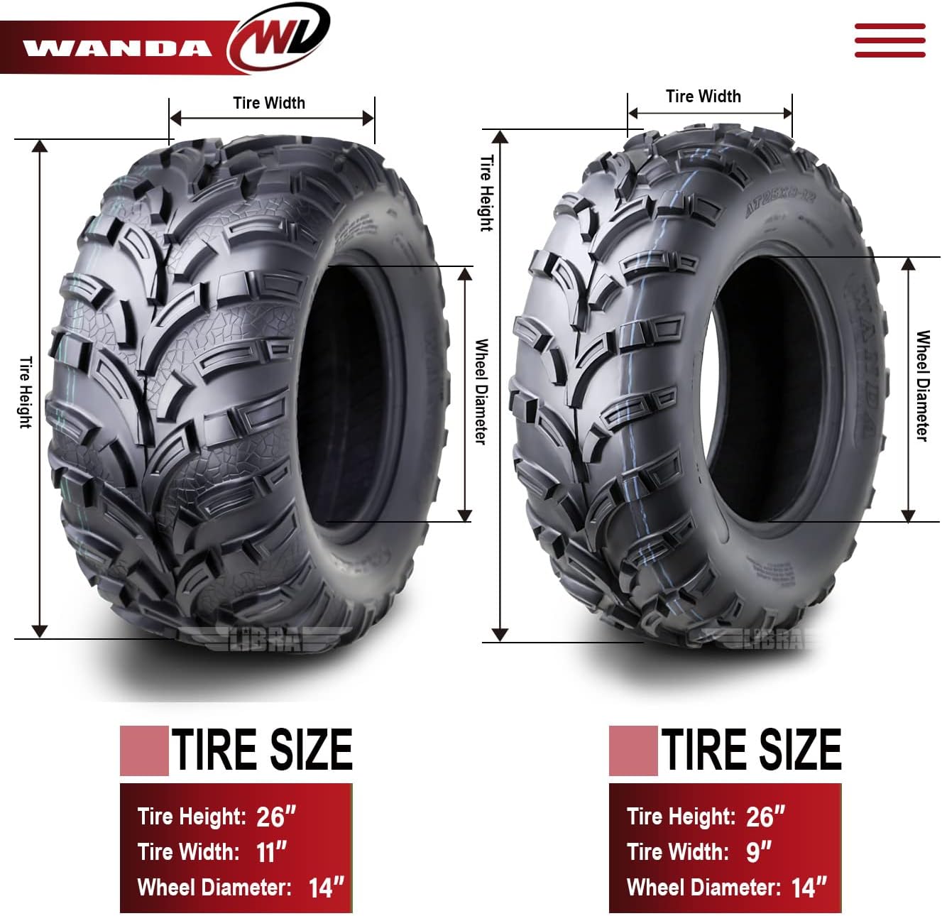 LIBRA Set of 4 ATV Tires 26x9-14 & 26x11-14 Fit for 06-08 Arctic Cat Prowler 650 700 H1