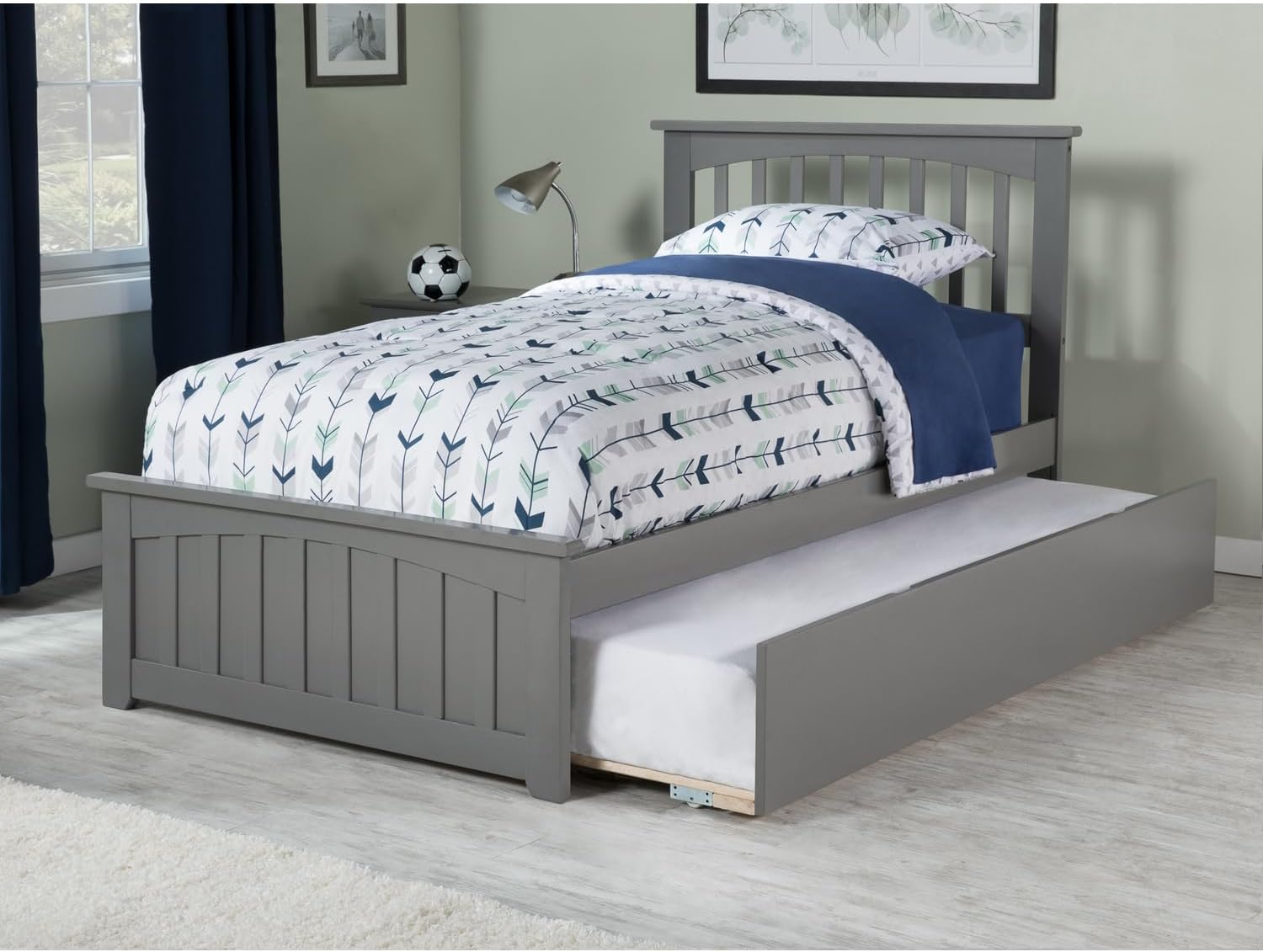 HomeStock Twin Platform Bed with Matching Footboard & Twin Trundle in Grey