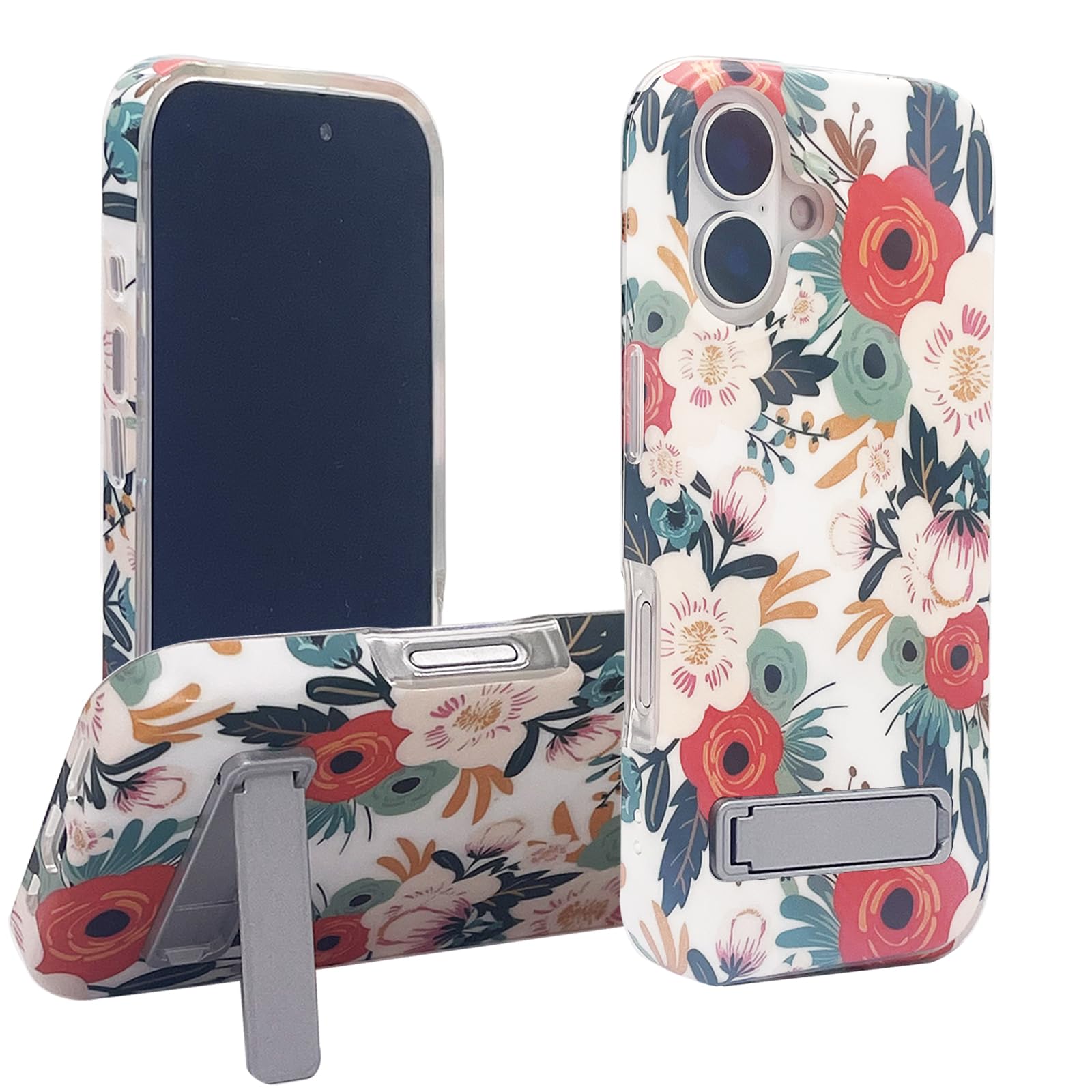 Kickstand Clear Case Compatible with iPhone 16 6.1 inch Hybrid Protection Soft TPU Bumper Hard Back Cover with Stand for Girls Women(Blooming Pink