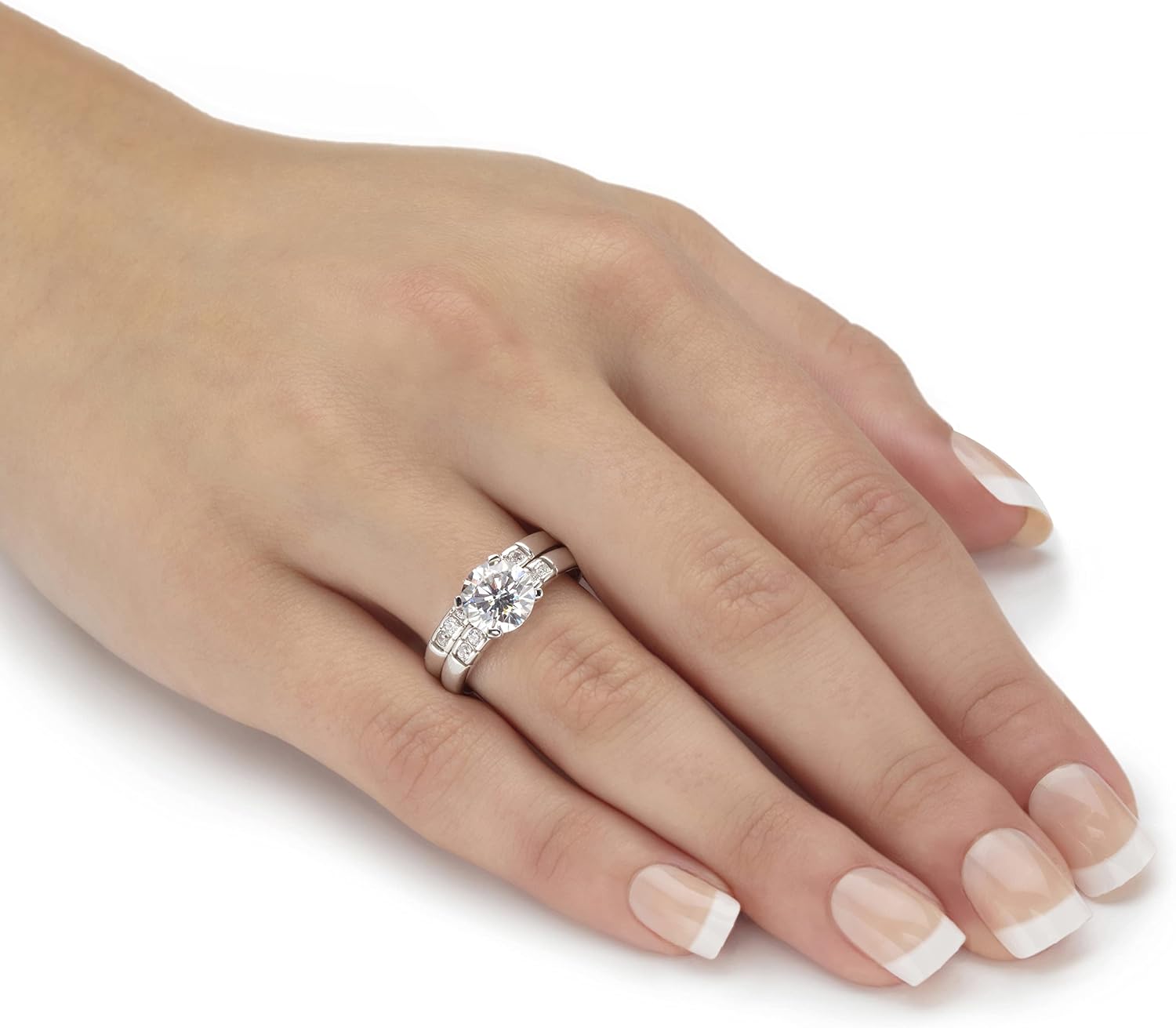 Palm Beach Jewelry PalmBeach 18k Gold-Plated or Platinum-Plated Sterling Silver Round CZ Two Tone 2 Piece Bezel Set Bridal Ring Set Size 9
