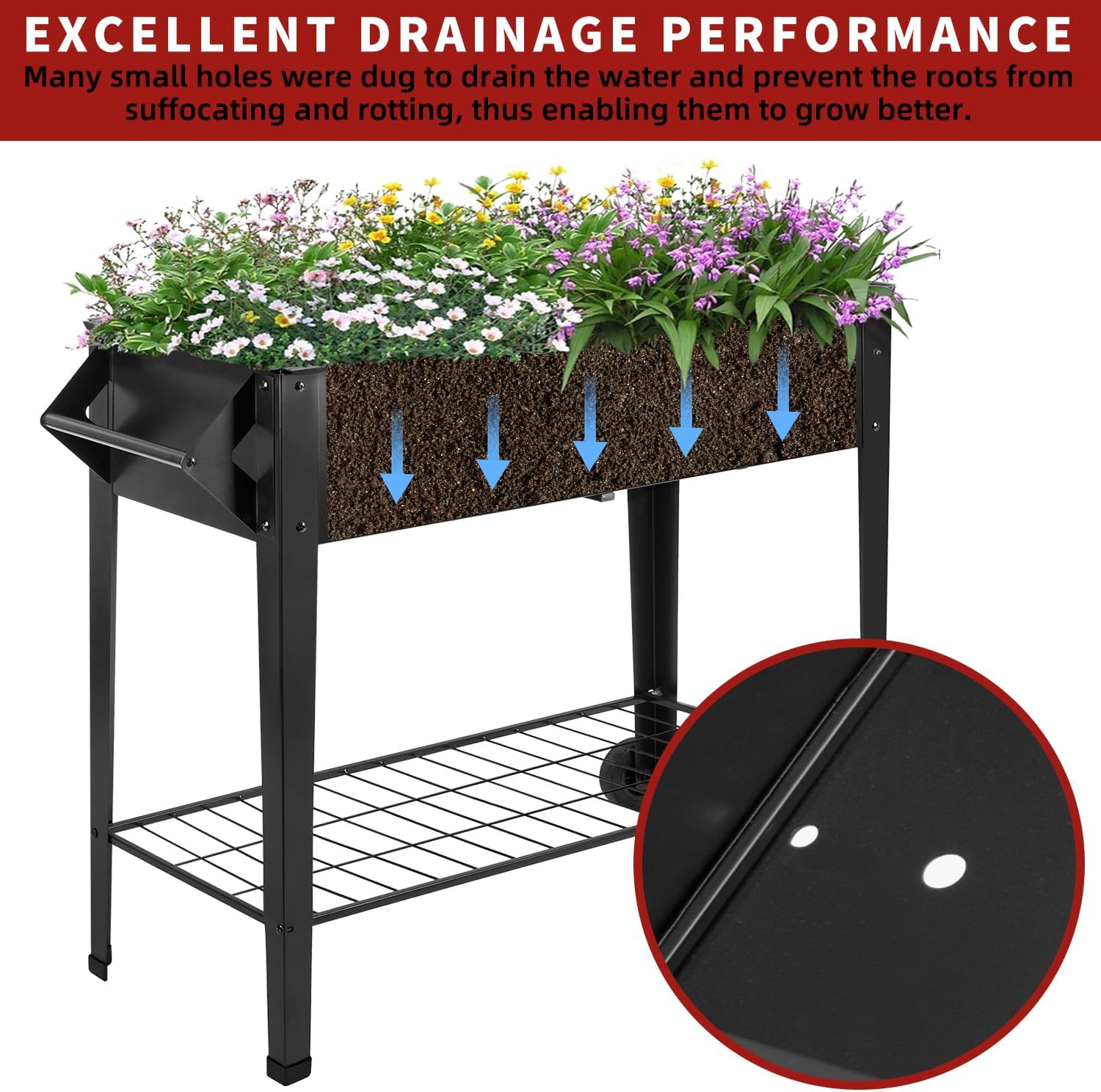 32" Rolling Raised Garden Bed with Wheels, Heavy Duty Metal Elevated Planter Box, Outdoor Flower Cart Plant Stand, Raised Planter with Storage Shelf for Patio Balcony Backyard Growing