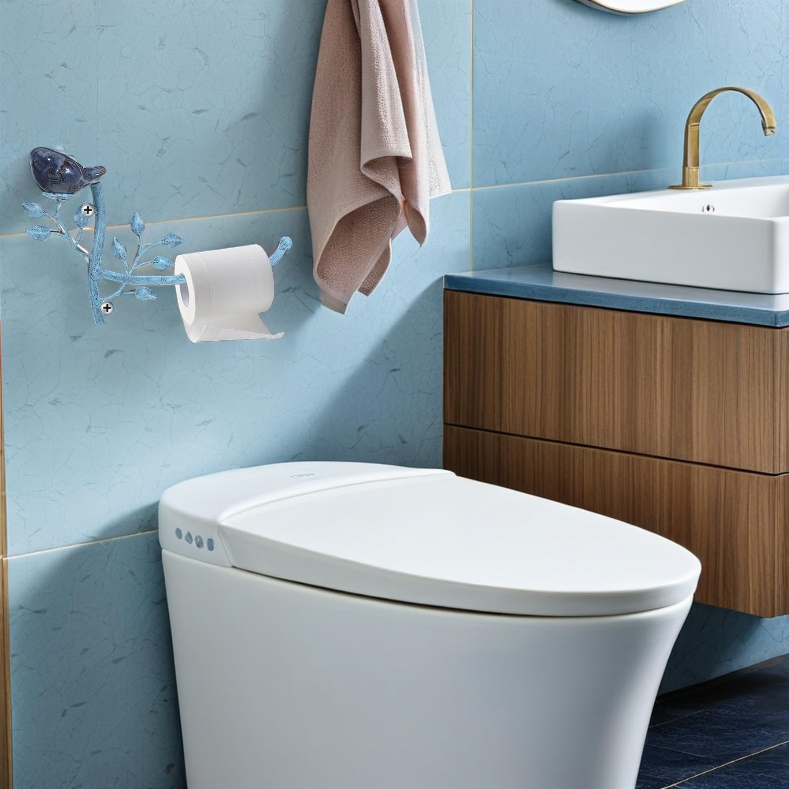 Healeved Portarrollos de Papel Higiénico de Hierro Montaje en Pared Estilo Rama Pájaro, Optimiza Almacenamiento Vertical para Baños Pequeños y Oficinas