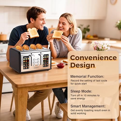 Miniatura 6 de Tostadora de pantalla táctil de 4 rebanadas, tostadora de acero inoxidable con ranuras anchas para bagels y pan, funciones de