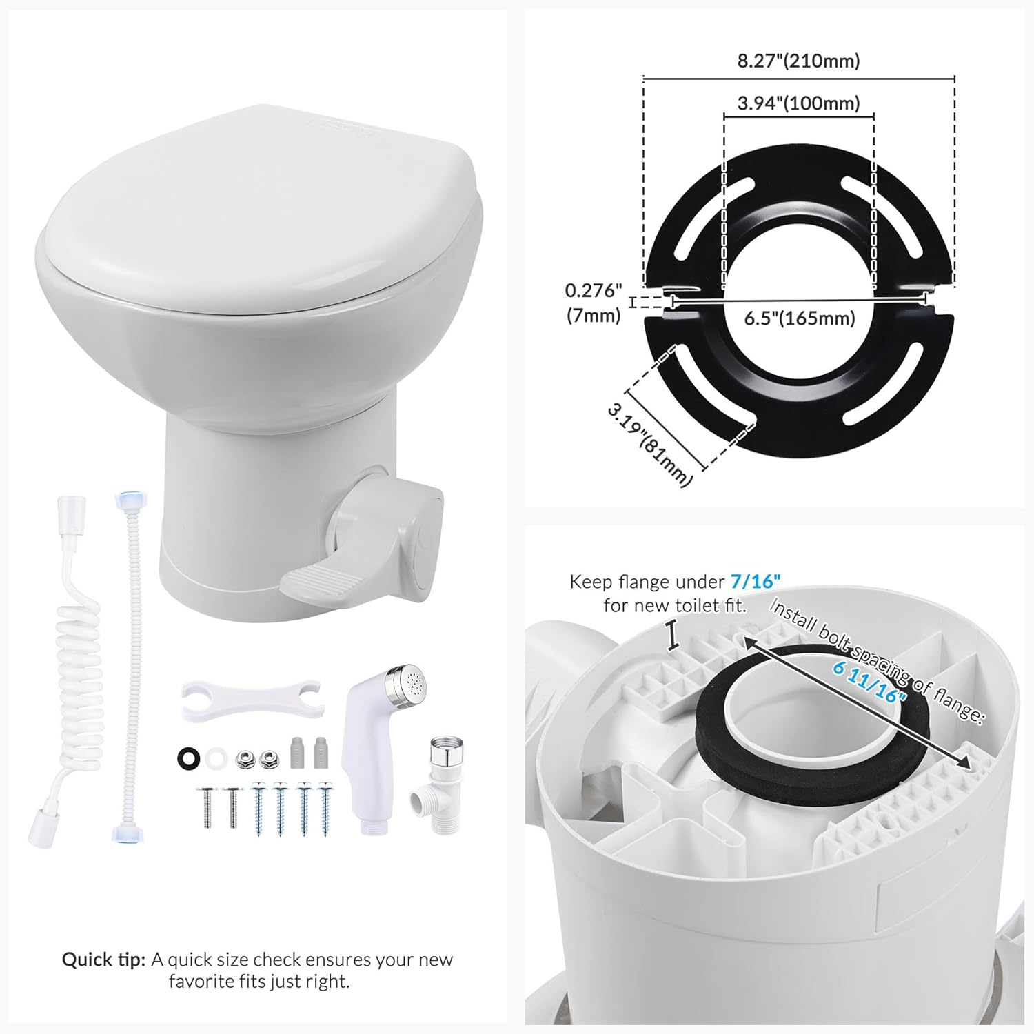 Yescom 15" RV Camper Toilet Low Profile Porcelain Enamel Gravity Flush with Bidet Spray Foot Pedal Standard 8" Dia. Floor Flange for Travel Trailer Vans, Compact Marine Toilet White