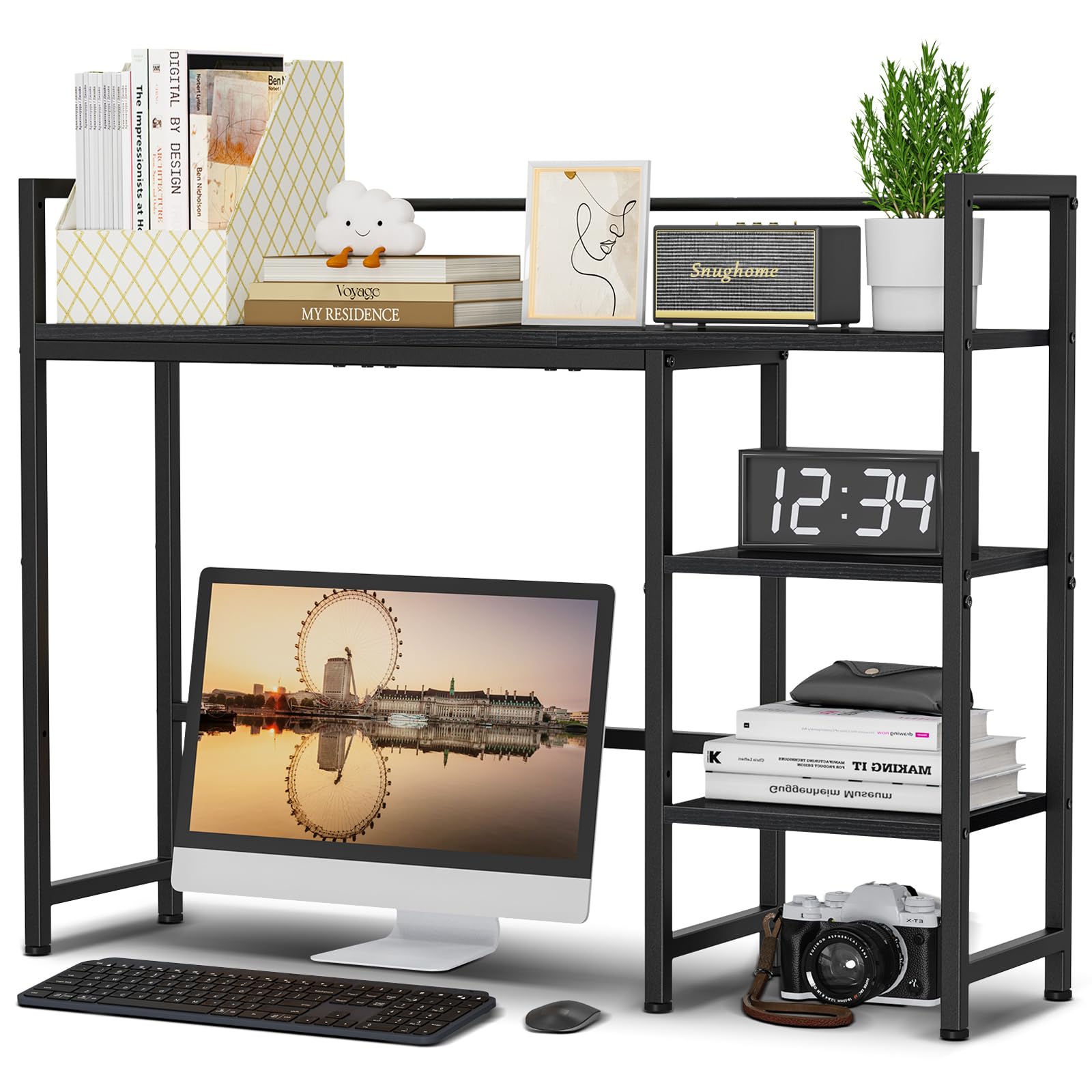 Snughome Desk Shelf, 38.6" Desk Hutch for Computer Monitor, Desktop Organizer Shelf, 4 Tier Desktop Display Rack, Wood Desktop Bookshelf Storage Rack for Home Office Dorm, Black