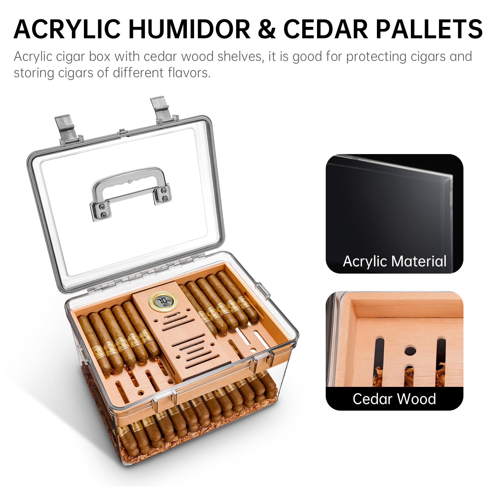 Acryl Zigarren Humidor Set mit Luftbefeuchter und Hygrometer, transparenter Humidor Fall Eingebautes Zedernregal, tragbarer Desktop Humidor Box Lagerung für etwa 80 Zigarren (Medium)
