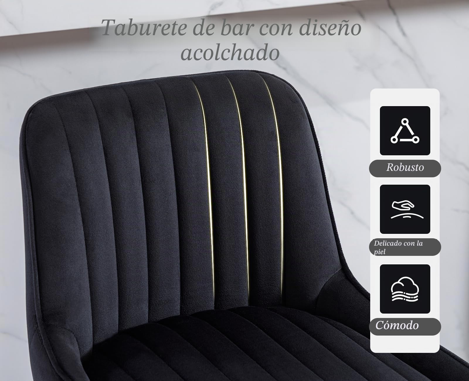 chairus 2PCS Taburetes de Bar de Terciopelo con Patas Doradas, Negro | Sillas Altas de Isla de Cocina con Respaldo Alto, Estilo Elegante