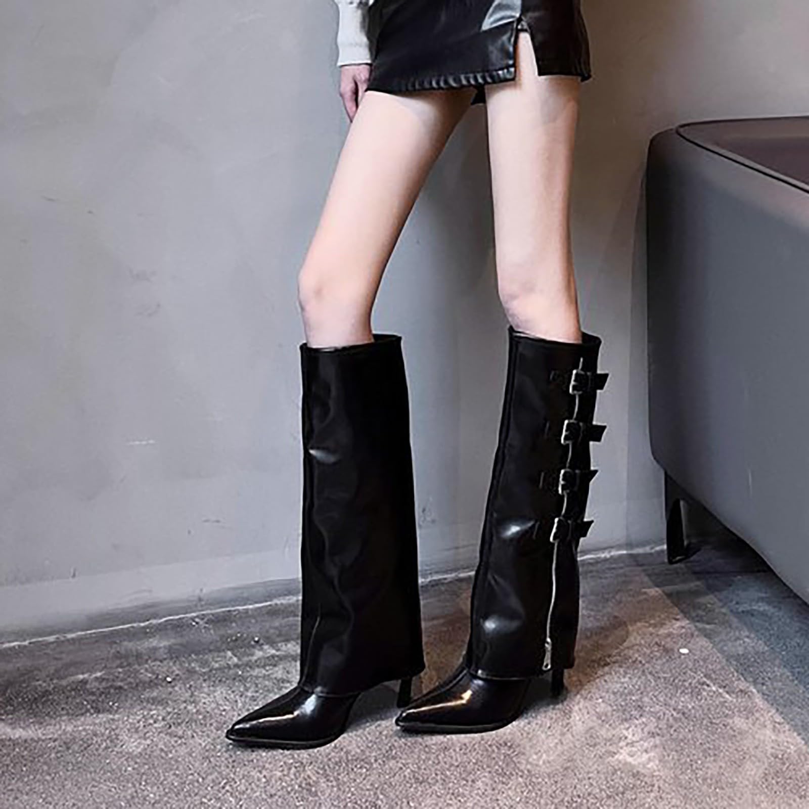 Stivaletti da donna al ginocchio, in pelle laccata, a mezza altezza, con tacco a spillo, punta lunga, con chiusura lampo laterale e fibbia, eleganti alla moda