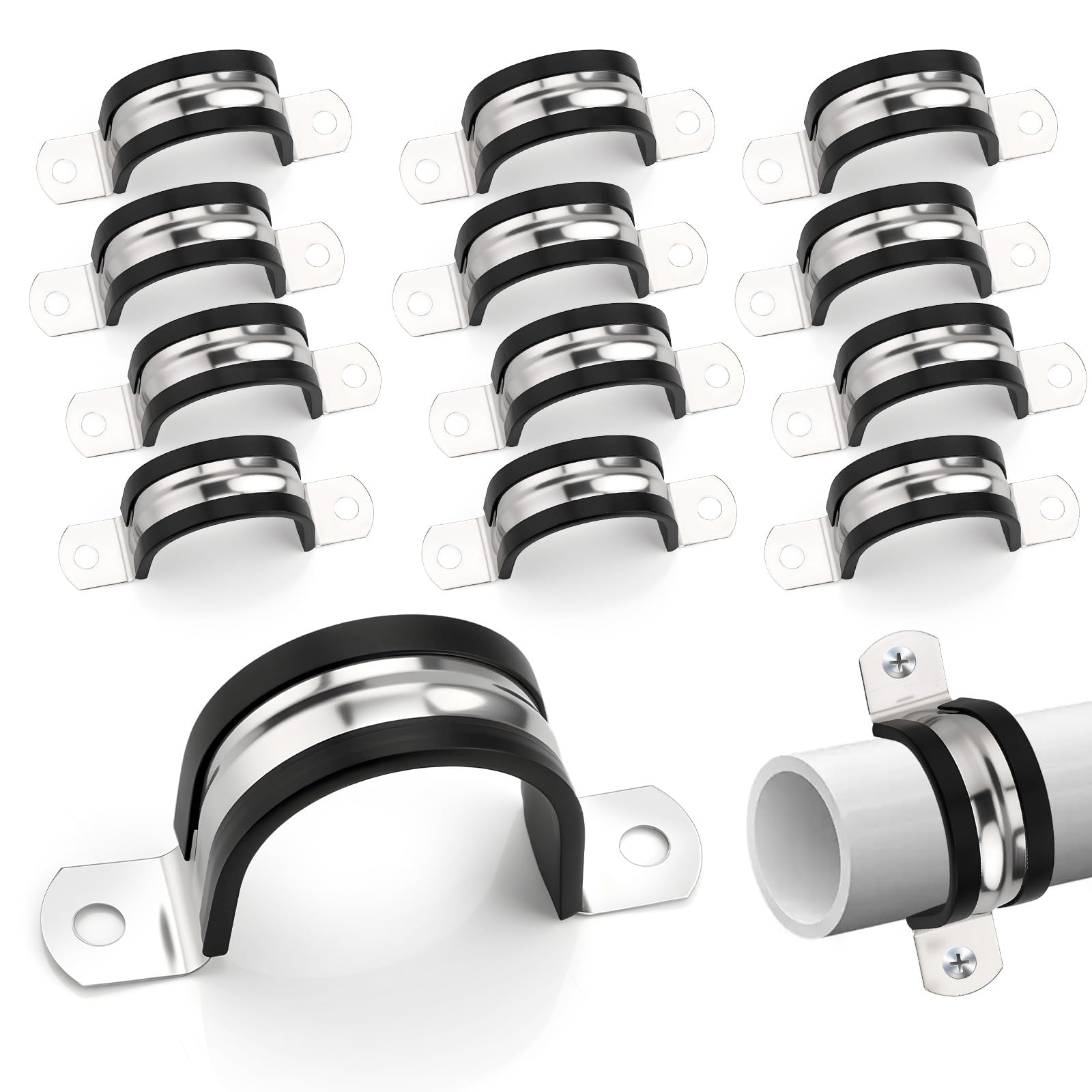 qjuwhua 15 PCS Pipe Clamp Ø 25mm 304 Stainless Steel Saddle Clips with Rubber Two Hole Tube Pipe Strap Clamps U Shape Brackets for Fixing Installing Pipe Wire Cord Cables