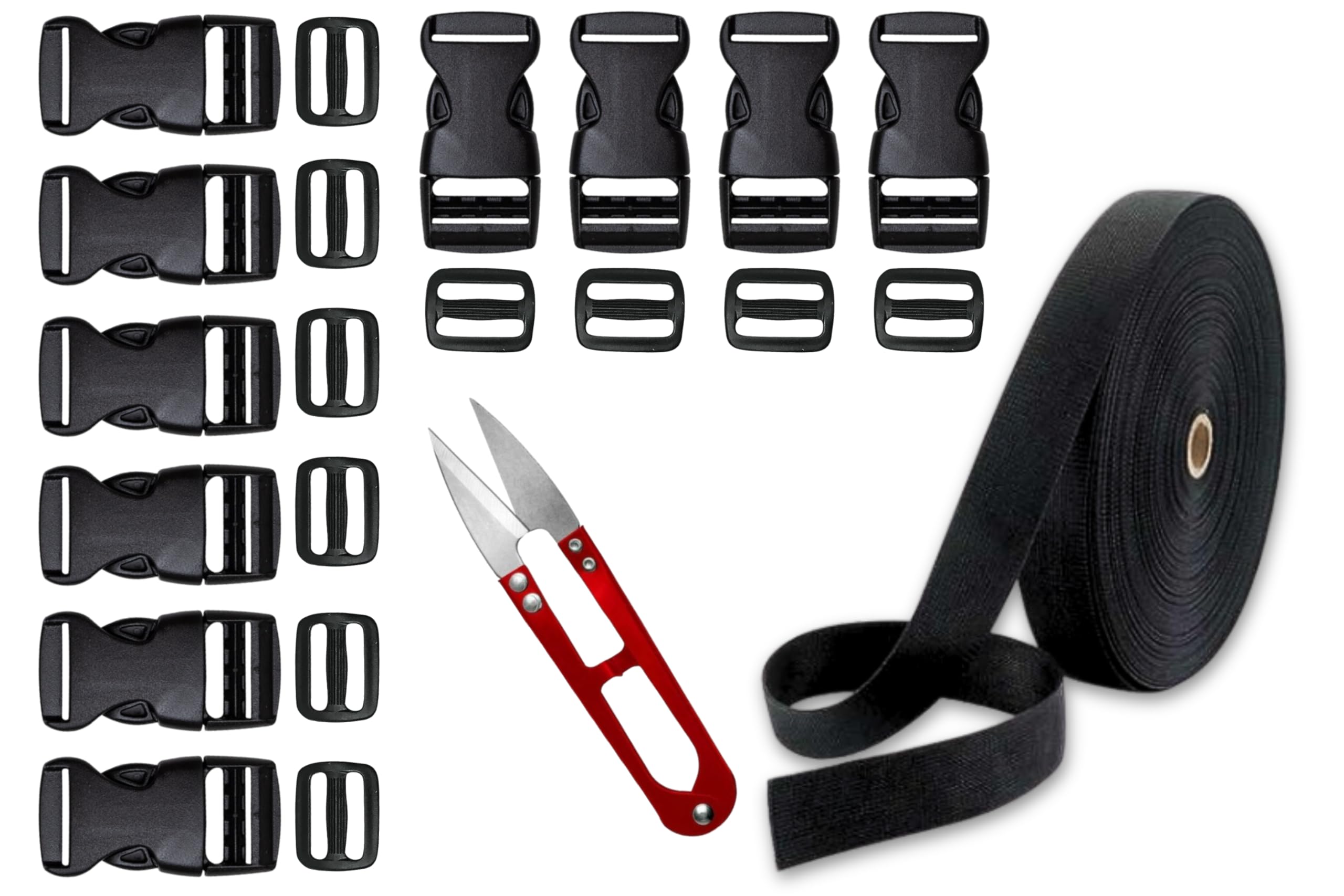 Nylon Webbing Strap 25meter roll with 10 Buckles, 10 Adjuster and 1 Thread Cutter for Backpack Repairing, Luggage Fastening Strap, Pet Collar Making, Hiking and More (Black) (1 inch)-image-10