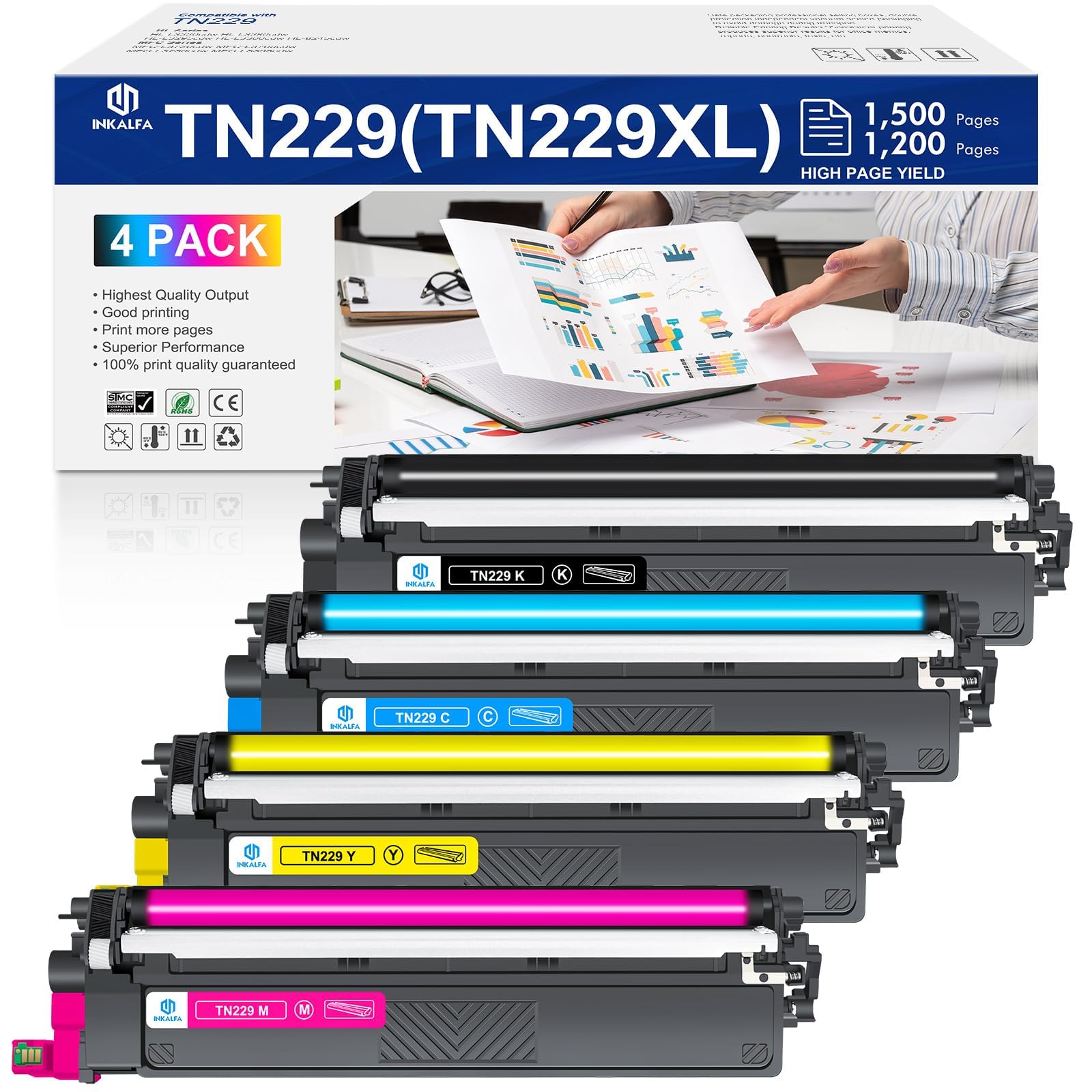 TN229XL Toner Cartridge TN2294PK Compatible Replacement for TN229 TN229XL TN-229XL for MFC-L3780cdw MFC-L3720cdw MFC-L8395cdw HL-L3280cdw HL-L3295cdw Printer Toner (B/C/M/Y, 4-Pack)