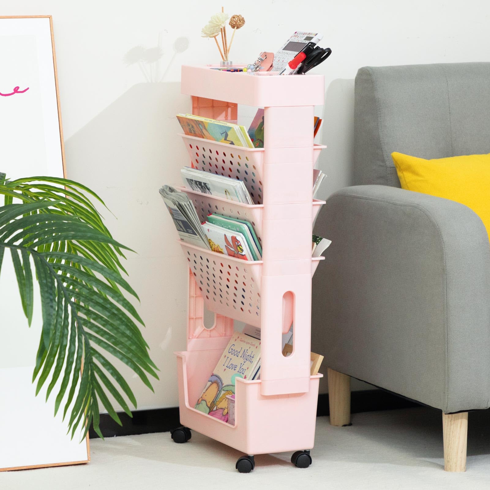 DOEWORKS Petite Bibliothèque roulettes Mobile Livre Chariot de Rangement 5 Niveaux Étagère à Livres Chariot Roulant pour Salon Chambre à Coucher Bureau, Rose