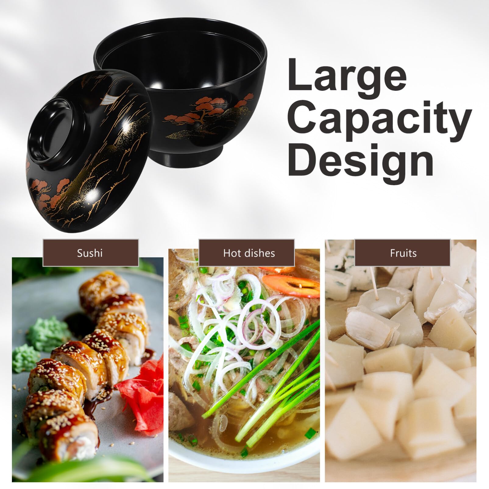 Kichvoe Miso Bol à soupe avec couvercle, bol à riz japonais en mélamine traditionnel, bol à soupe ramen en plastique laqué pour la cuisine, noir