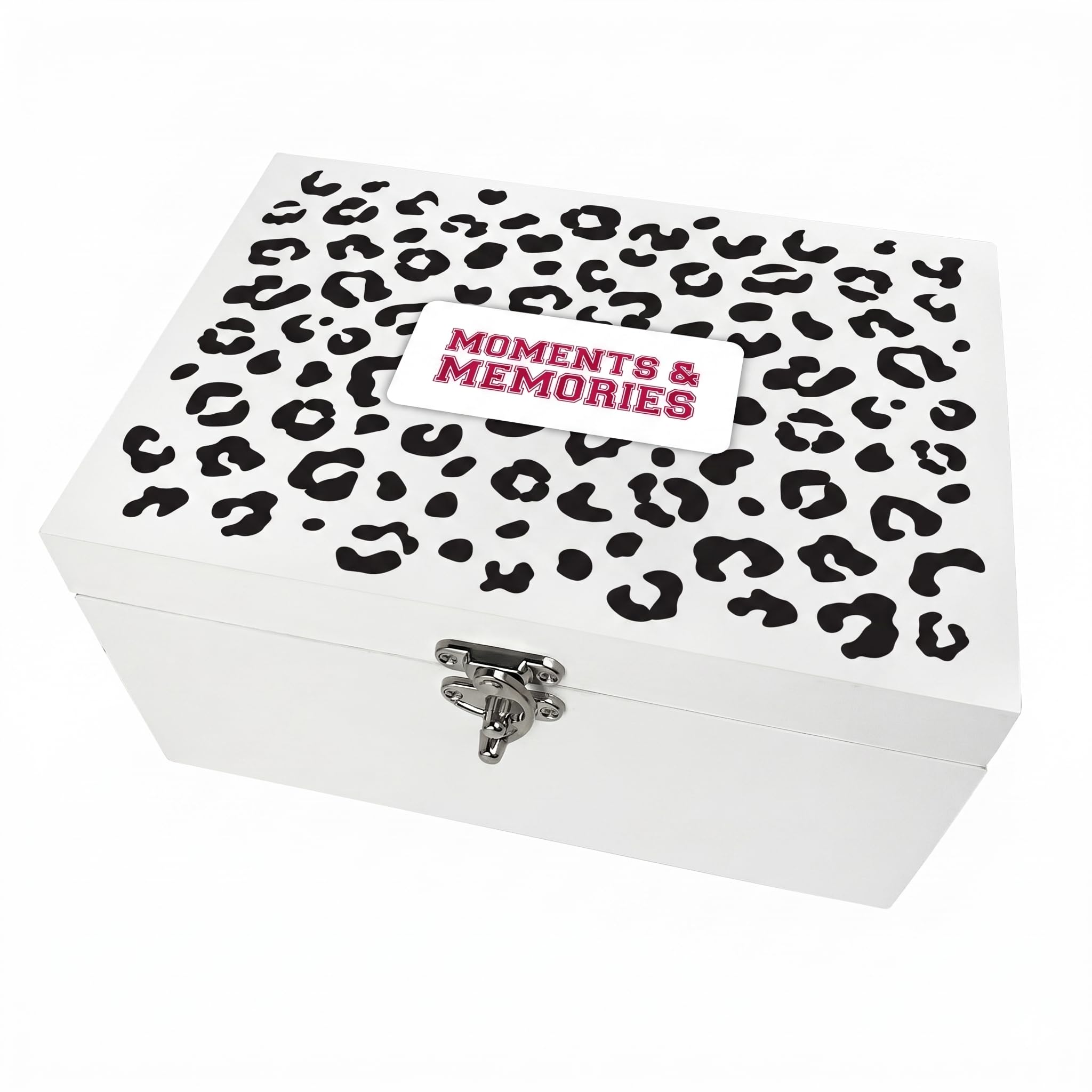 Scatola dei ricordi in legno bianco con stampa leopardata rossa, scatola per ricordi e momenti | Regalo per lei, compleanno, damigella d'onore o laurea | Scrigno dei ricordi bianco | 27 cm x 19 cm x
