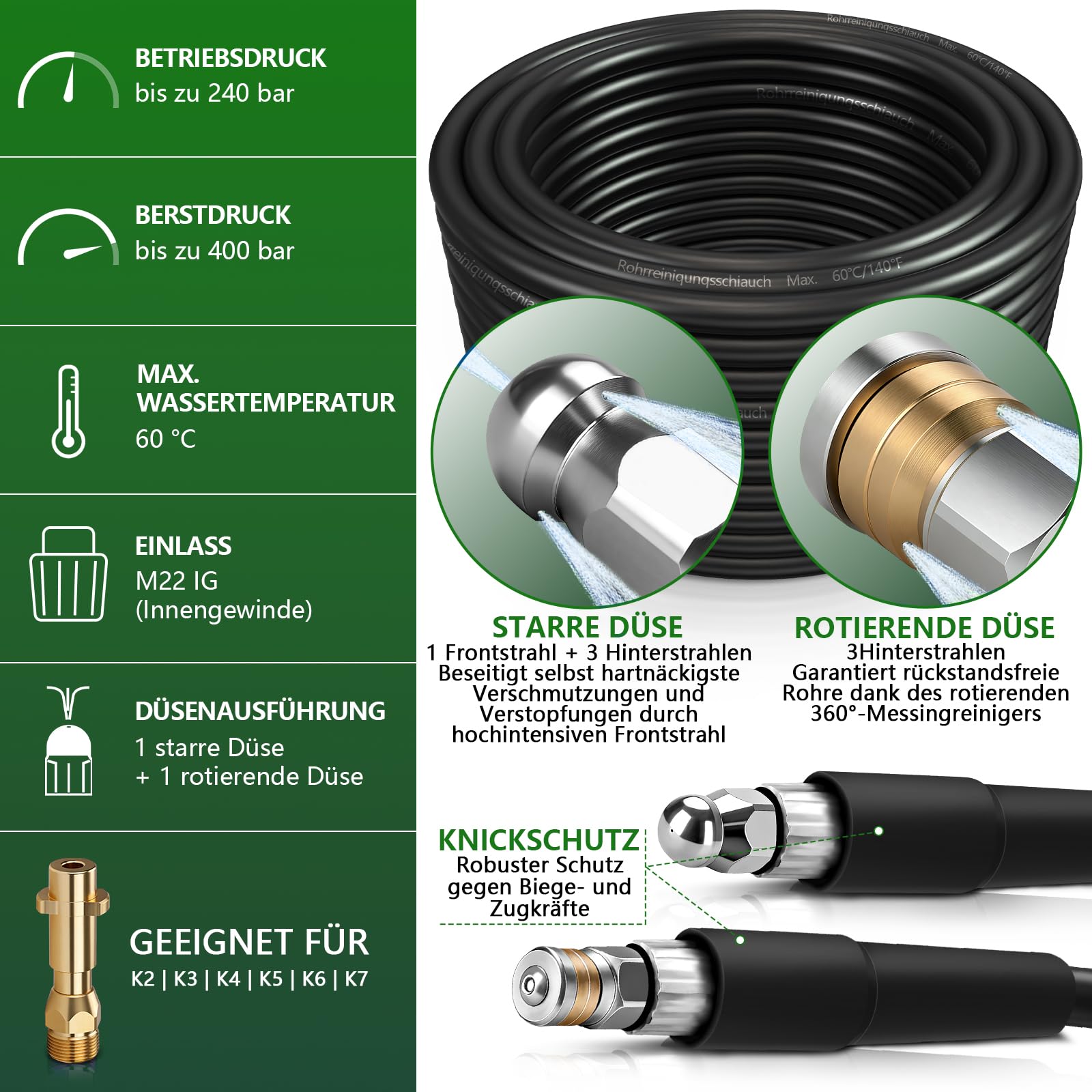 Tuyau de nettoyage de canalisations de 20 m, 400 bar, 60 °C, compatible avec Kärcher K2, K3, K4, K5, K6, K7, kit de nettoyage de canalisations de qualité supérieure pour tuyaux et canalisations