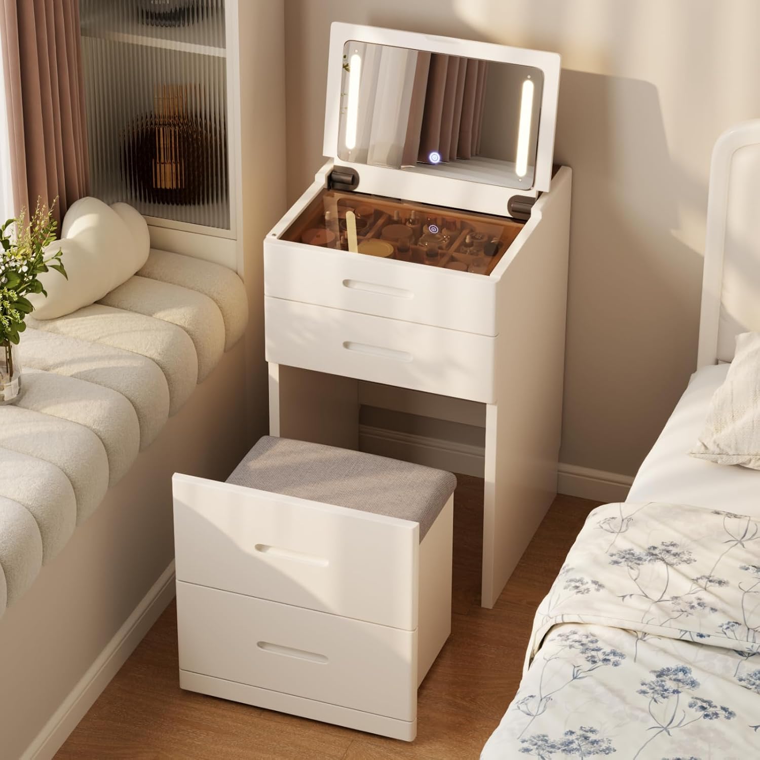 Muwuele Solid Wood 3 in 1 Vanity Desk with Flip Top Mirror, No Assembly, Compact Vanity with Hidden Chair, Small Makeup Vanity Set with Power Outlet, Dressing Table for Bedroom, White
